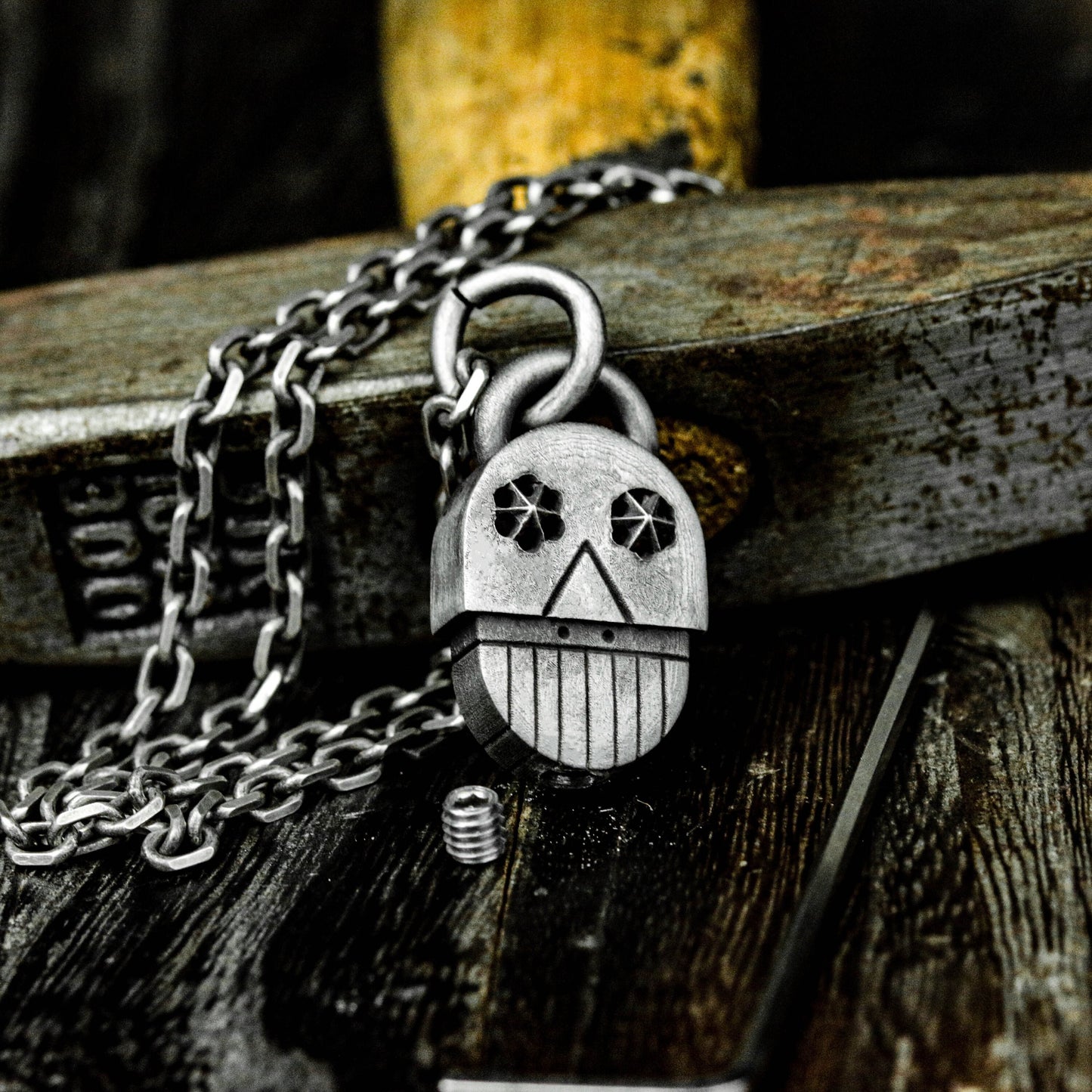 Gear-Eyed Grinning Skull Pendant - 925 Sterling Silver Handmade