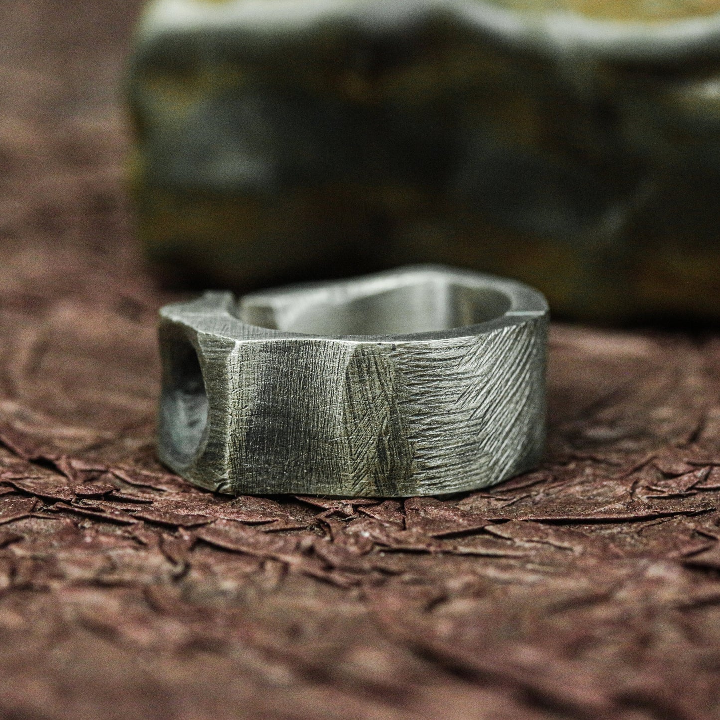 Obsidian Hex 925 Silver Handmade Ring ¨C Geometric Occult Band