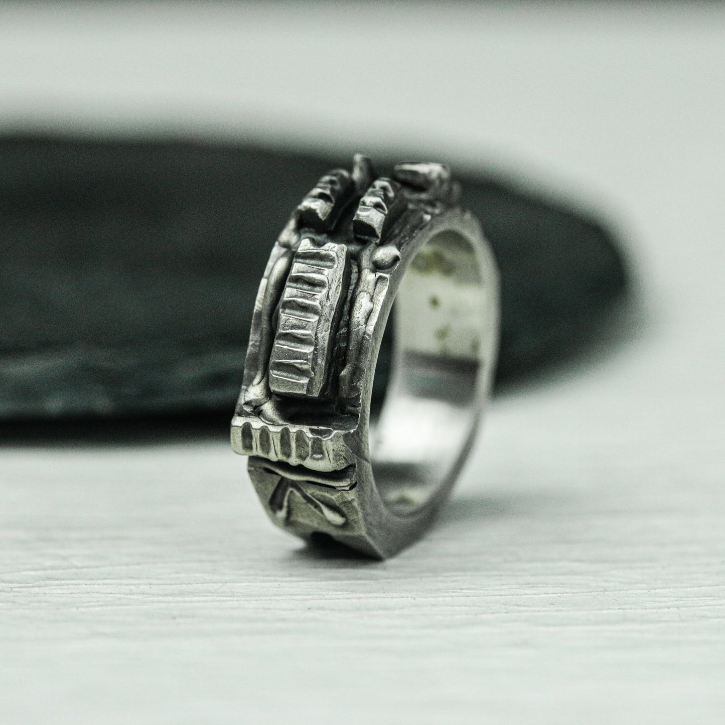 Obsidian Pillar 925 Silver Handmade Ring ¨C Geometric Gothic Statement