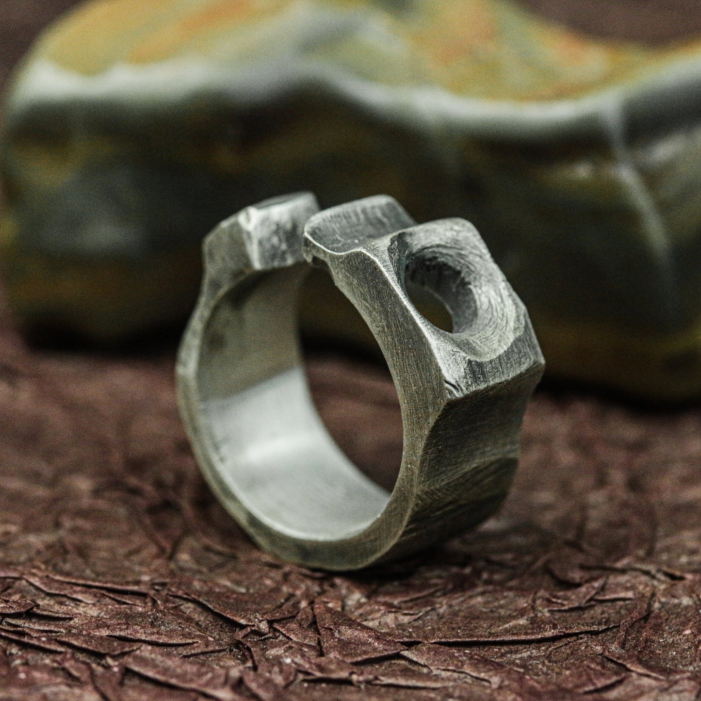 Obsidian Hex 925 Silver Handmade Ring ¨C Geometric Occult Band