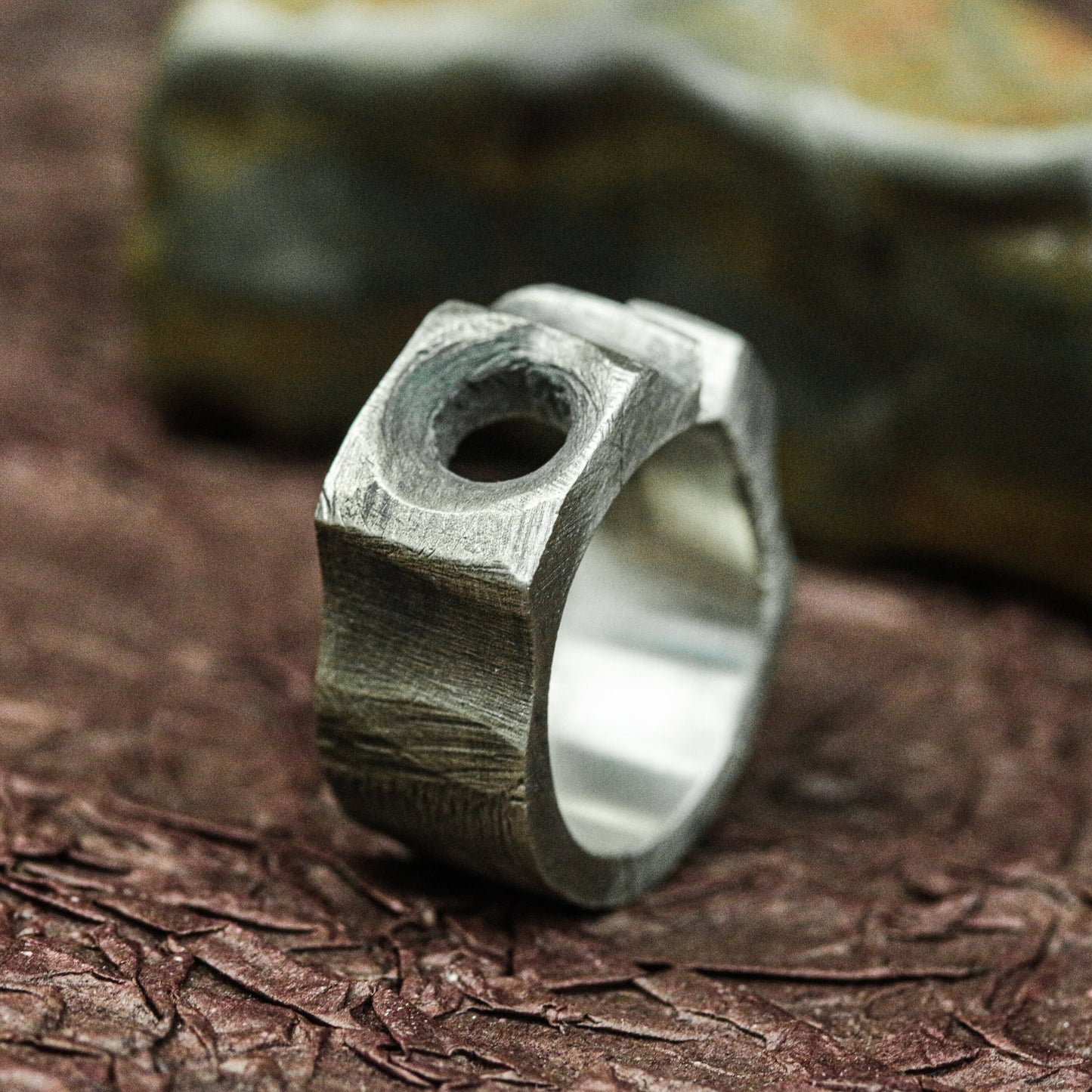 Obsidian Hex 925 Silver Handmade Ring ¨C Geometric Occult Band