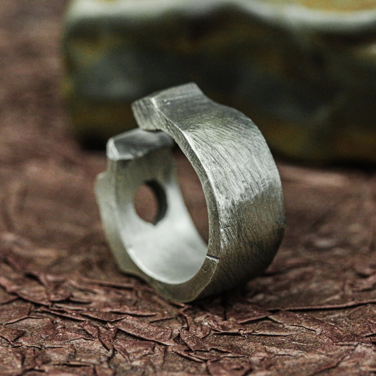 Obsidian Hex 925 Silver Handmade Ring ¨C Geometric Occult Band