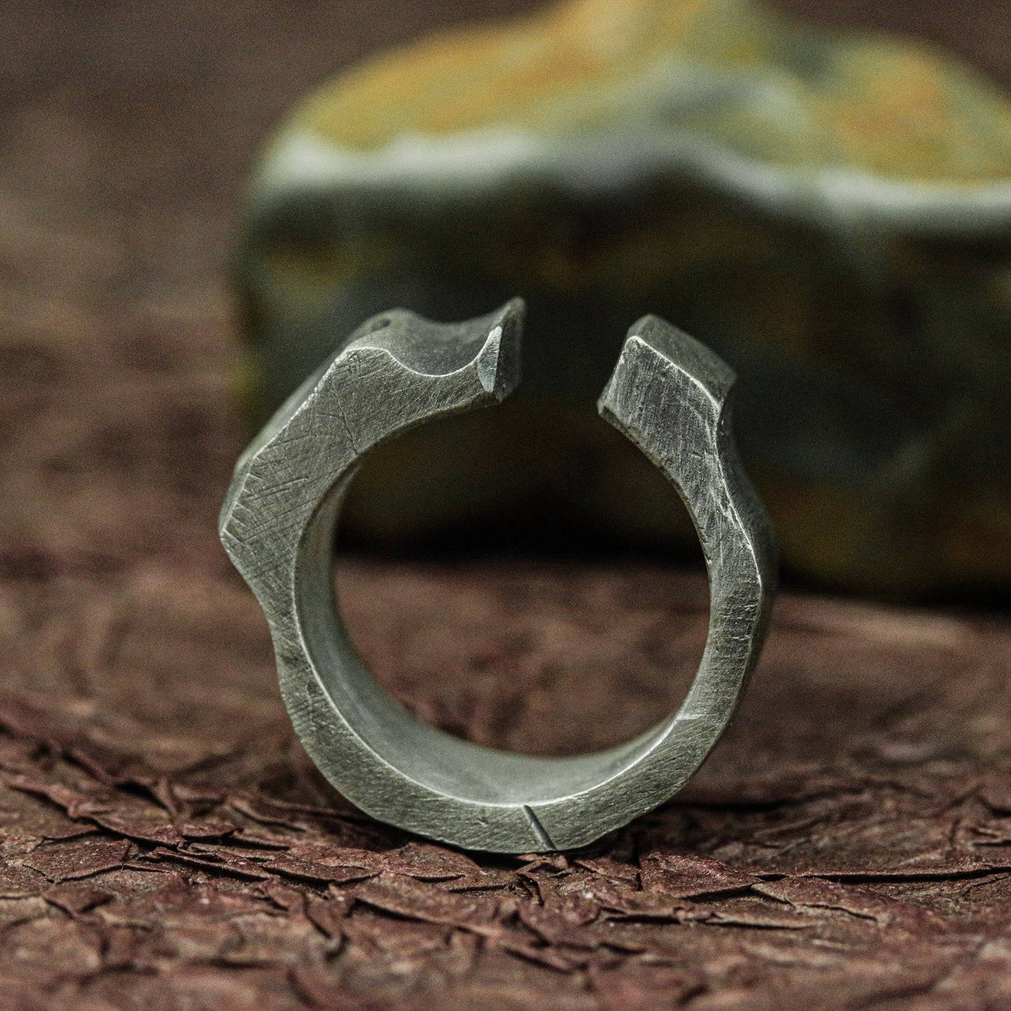 Obsidian Hex 925 Silver Handmade Ring ¨C Geometric Occult Band