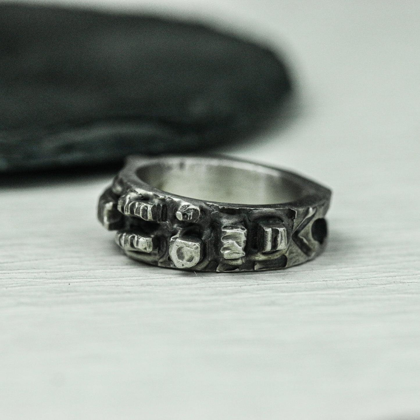 Obsidian Pillar 925 Silver Handmade Ring ¨C Geometric Gothic Statement