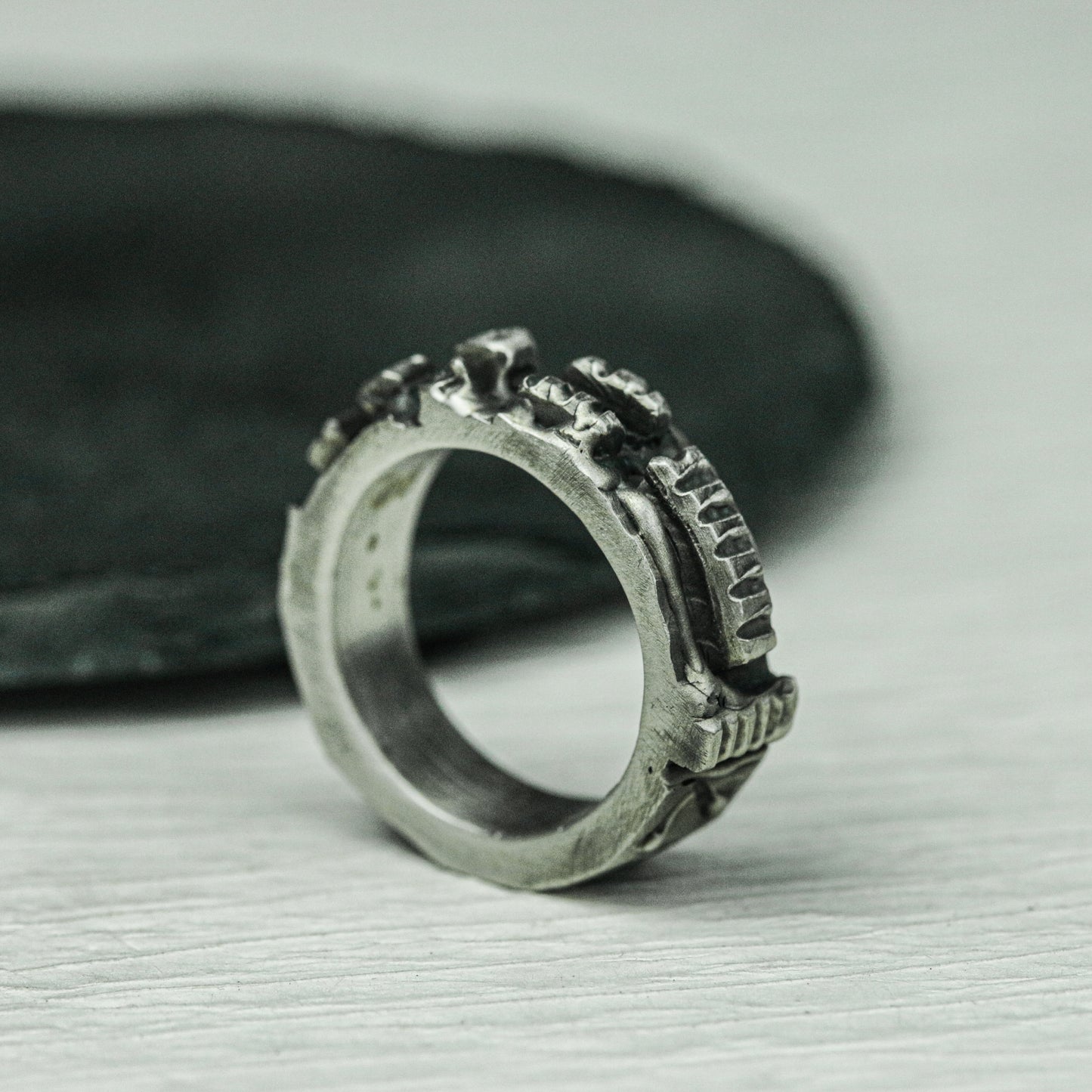 Obsidian Pillar 925 Silver Handmade Ring ¨C Geometric Gothic Statement
