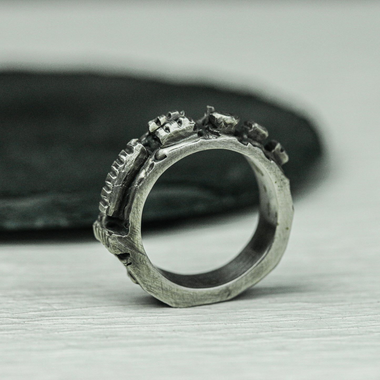Obsidian Pillar 925 Silver Handmade Ring ¨C Geometric Gothic Statement