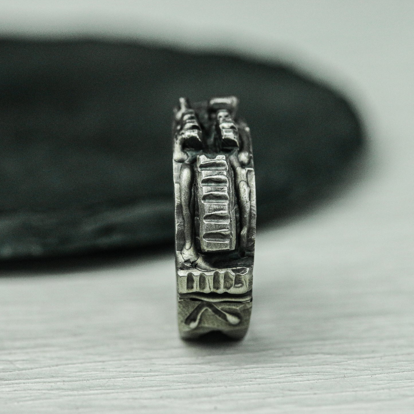 Obsidian Pillar 925 Silver Handmade Ring ¨C Geometric Gothic Statement