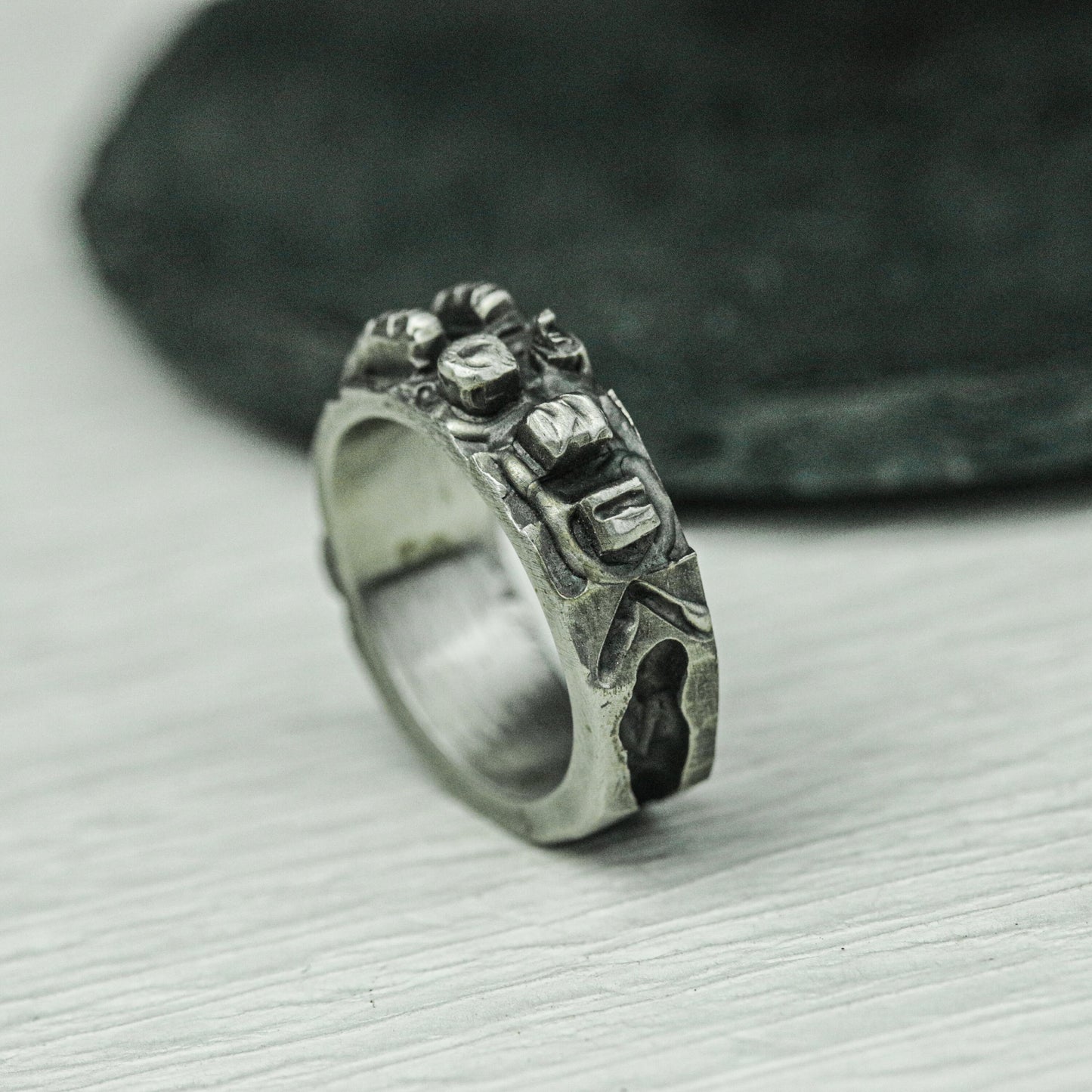 Obsidian Pillar 925 Silver Handmade Ring ¨C Geometric Gothic Statement