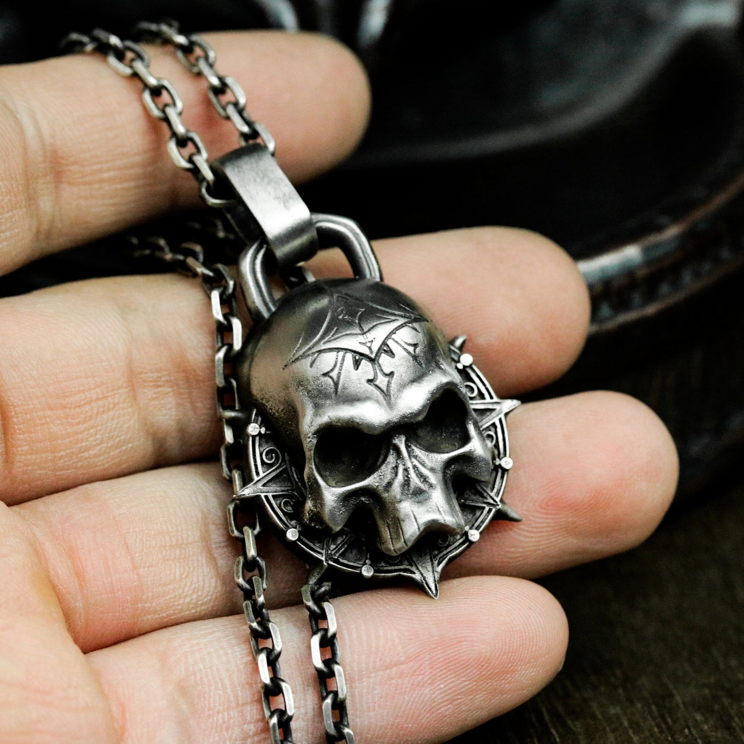 Skull with Spider Web Crown Pendant ¨C 925 Sterling Silver Handmade