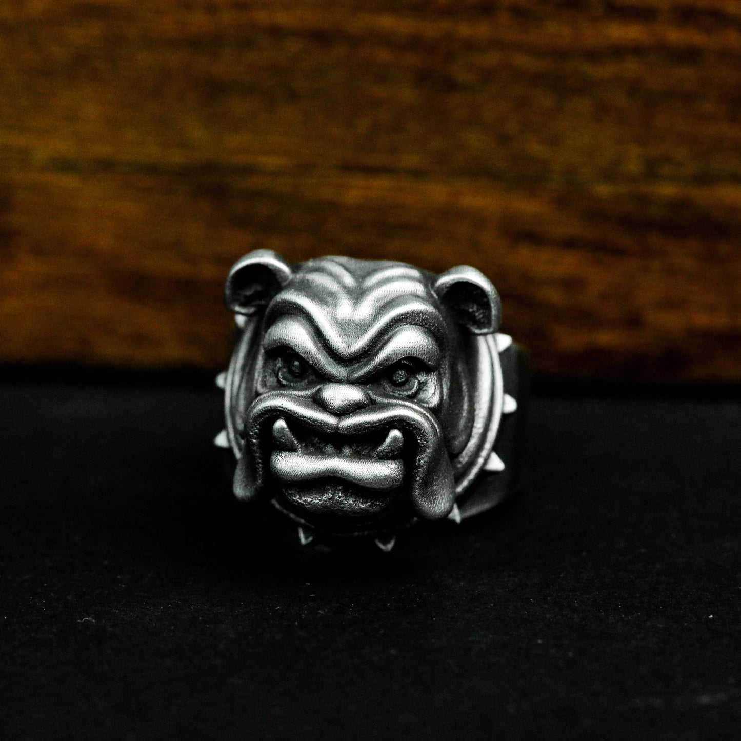 Bulldog Ring with Spiked Collar Detail - 925 Sterling Silver Handmade