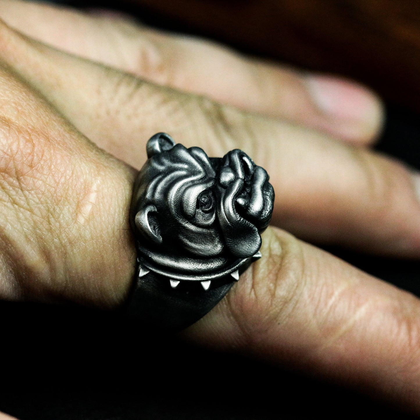 Bulldog Ring with Spiked Collar Detail - 925 Sterling Silver Handmade