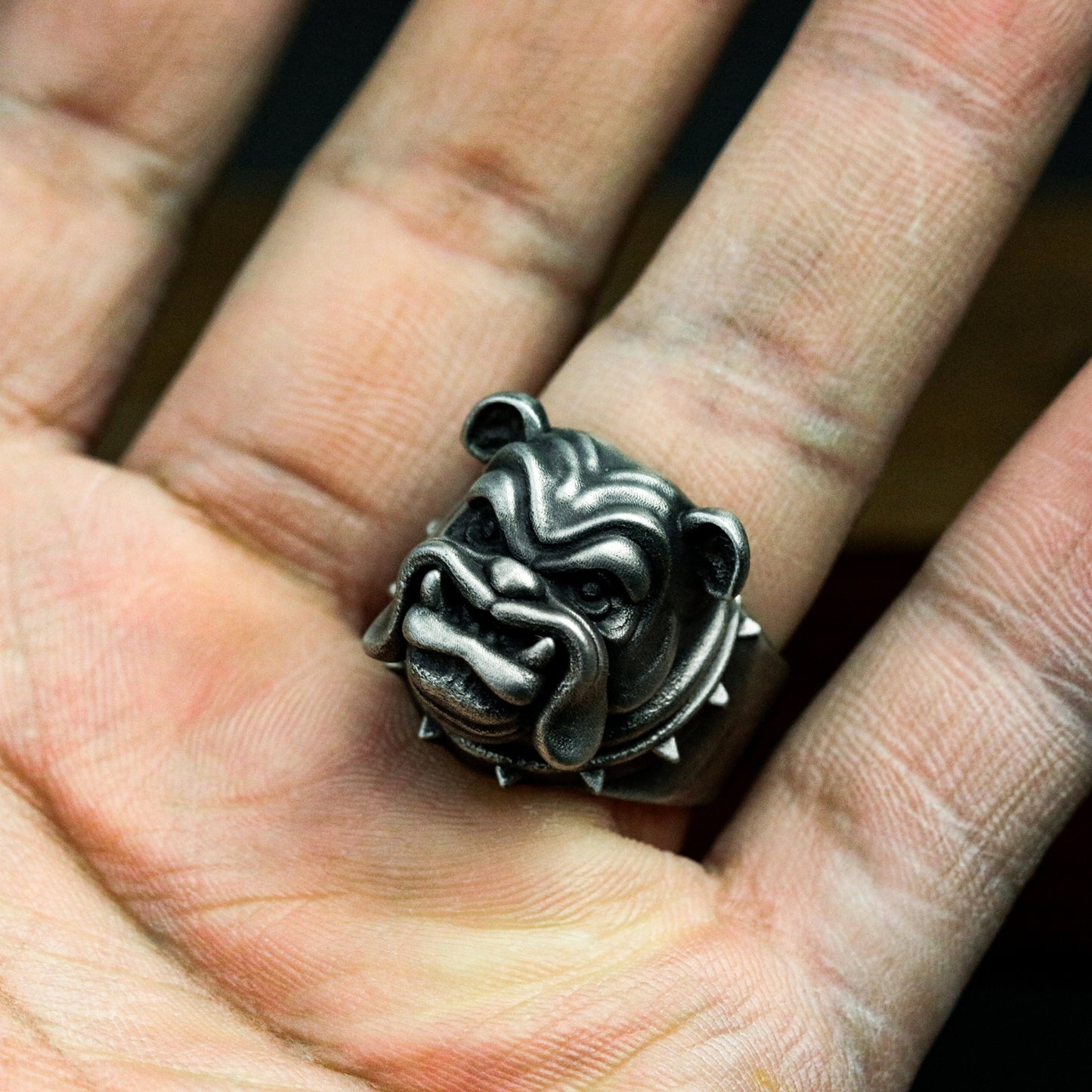 Bulldog Ring with Spiked Collar Detail - 925 Sterling Silver Handmade