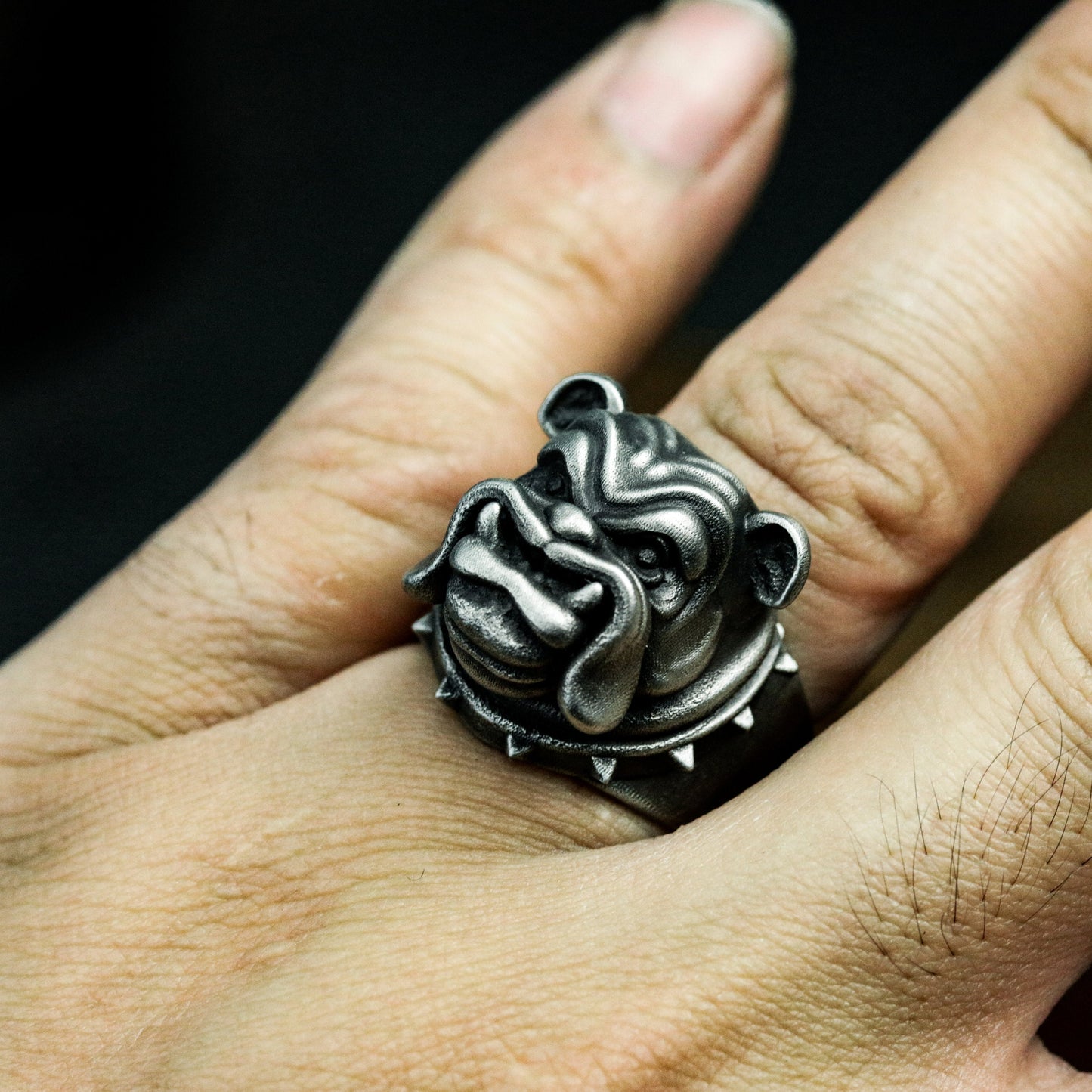 Bulldog Ring with Spiked Collar Detail - 925 Sterling Silver Handmade