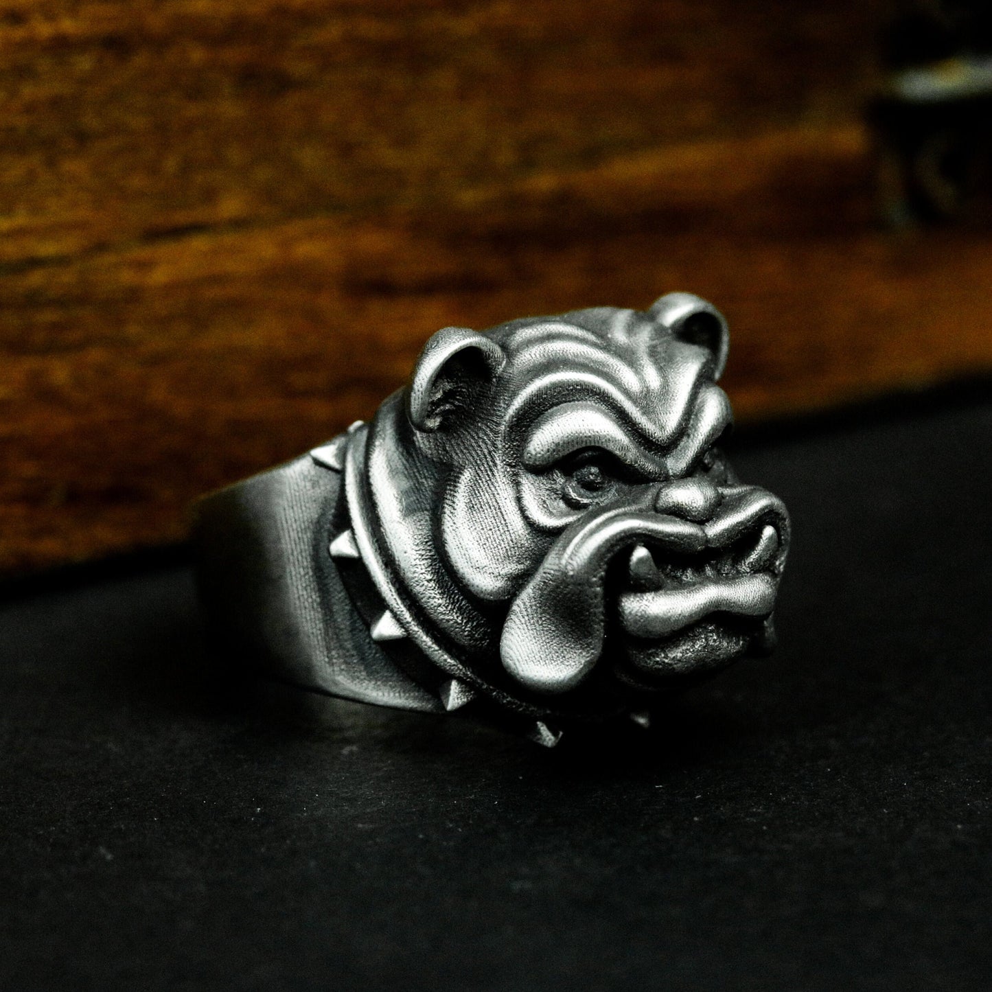 Bulldog Ring with Spiked Collar Detail - 925 Sterling Silver Handmade