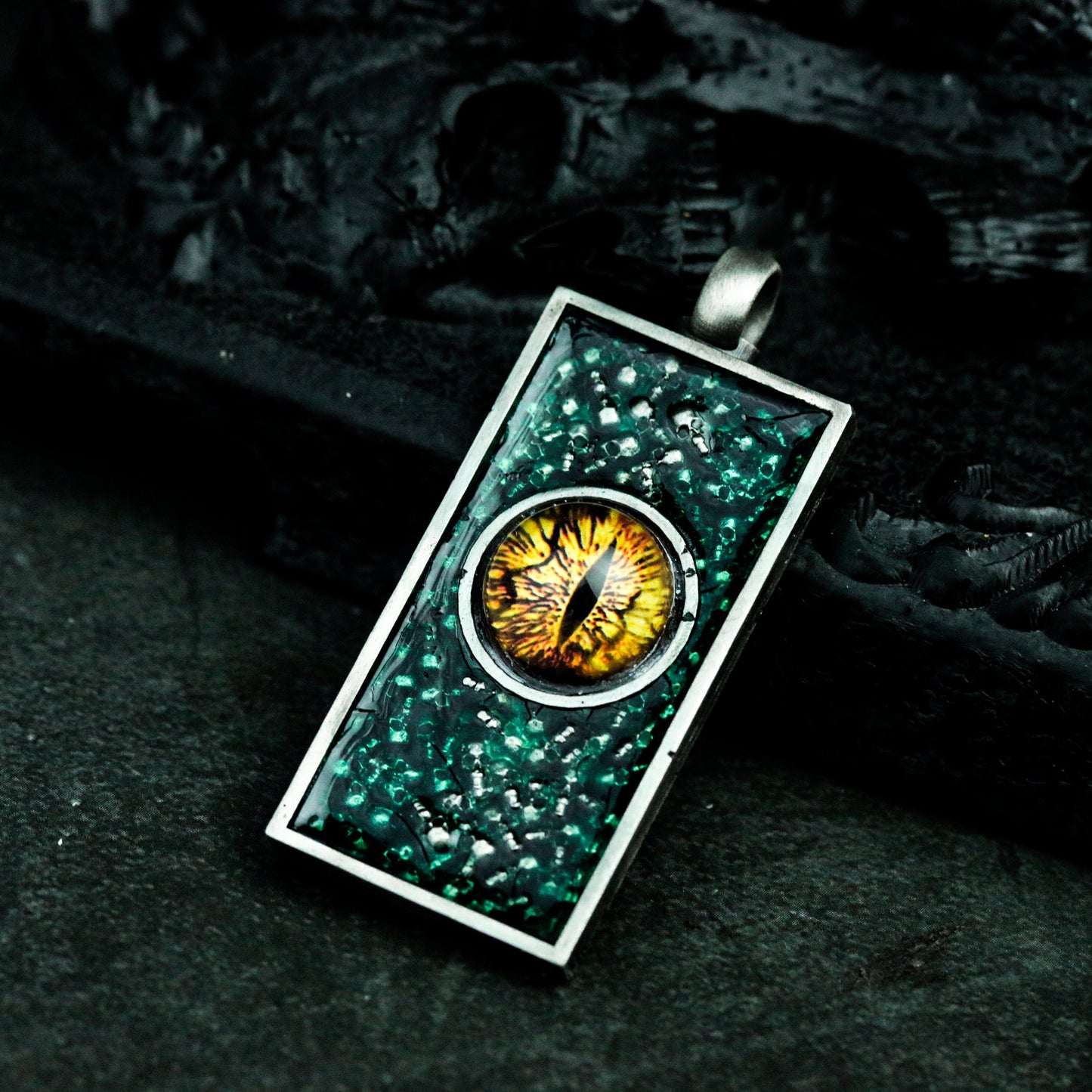 Dragon Eye Pendant with Textured Rectangular Frame ¨C 925 Sterling Silver Handmade