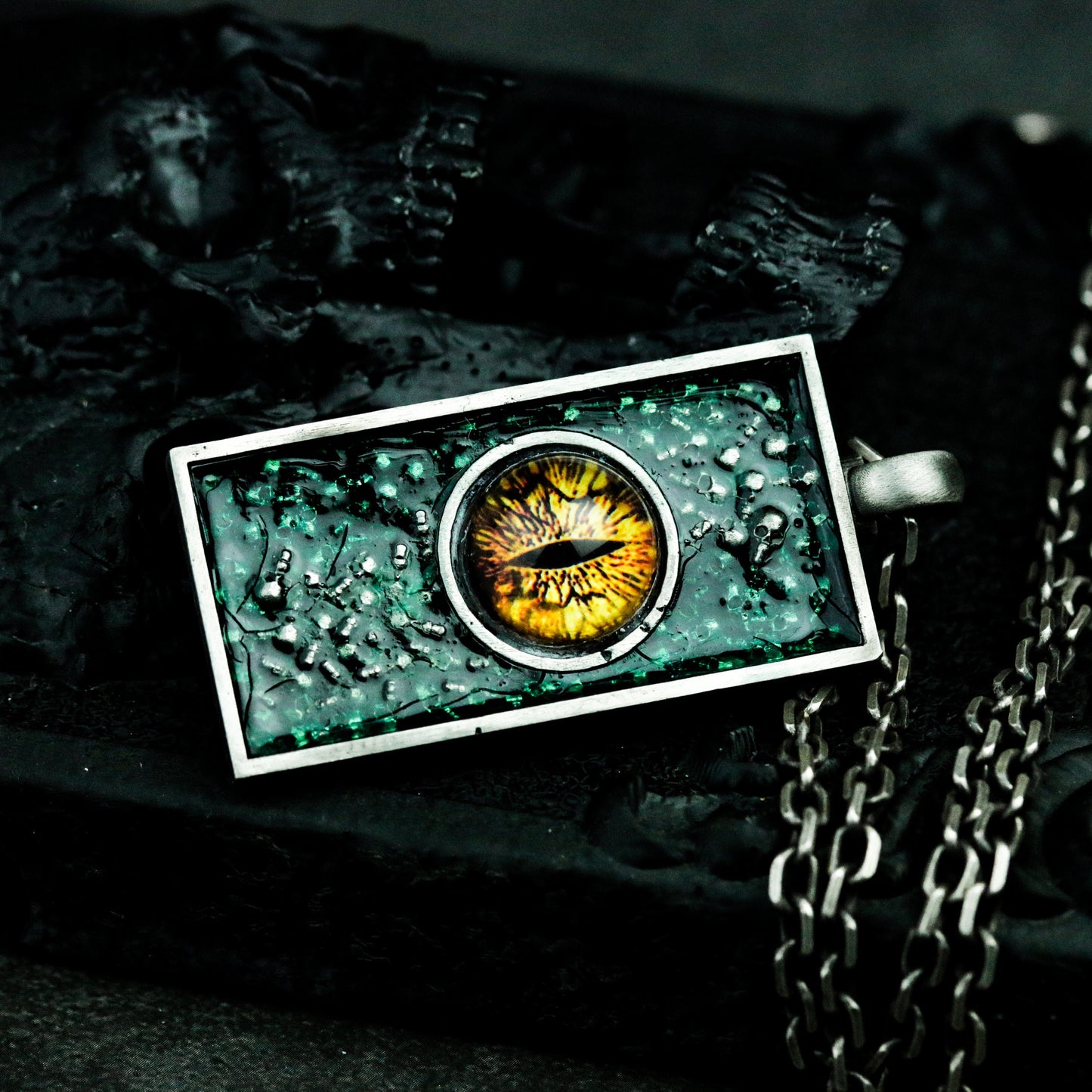 Dragon Eye Pendant with Textured Rectangular Frame ¨C 925 Sterling Silver Handmade