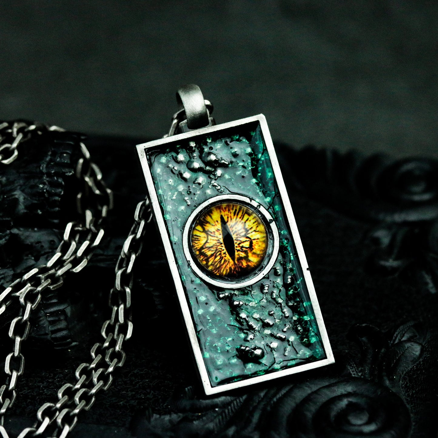 Dragon Eye Pendant with Textured Rectangular Frame ¨C 925 Sterling Silver Handmade