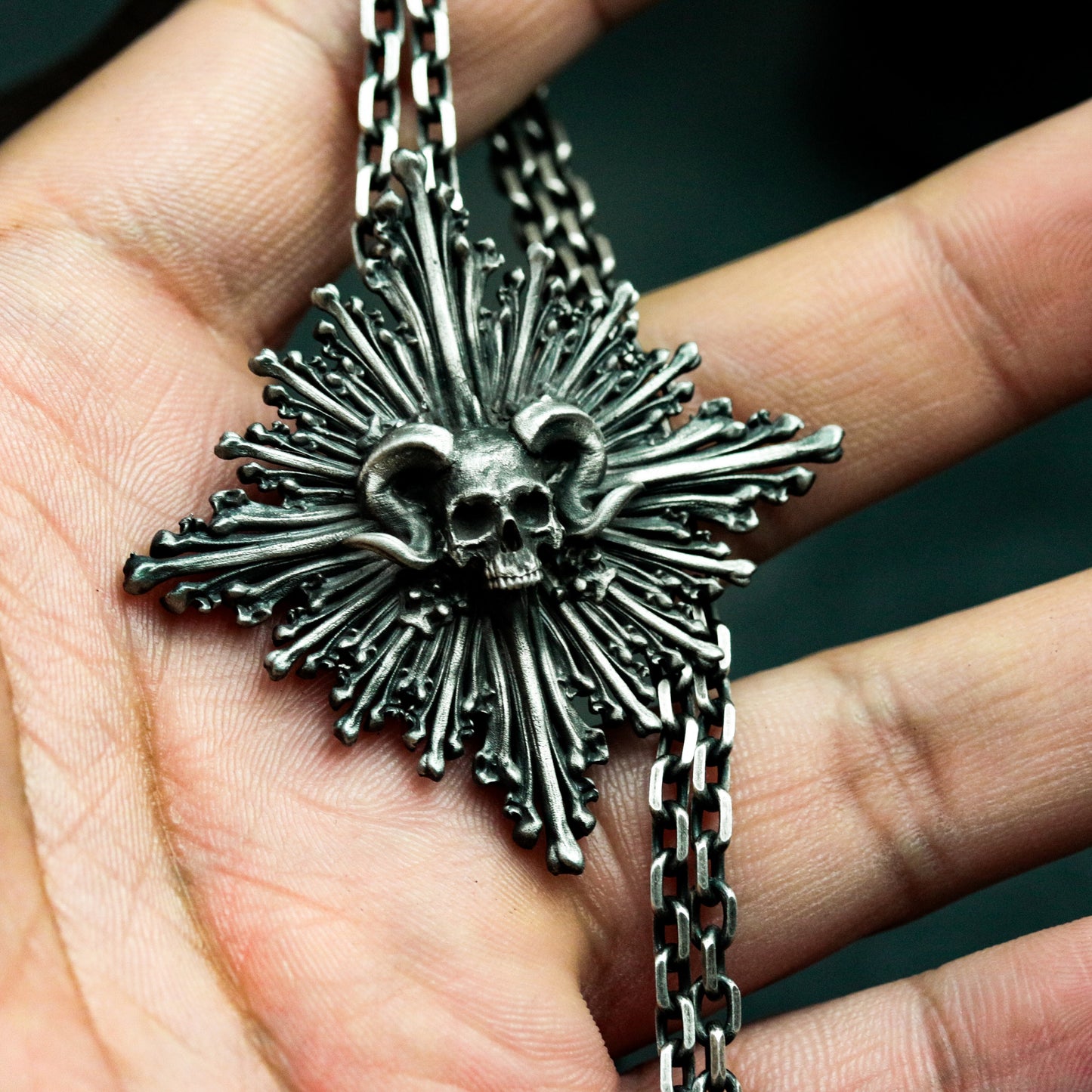 Radiant Skull Pendant with Spiked Halo ¨C 925 Sterling Silver Handmade