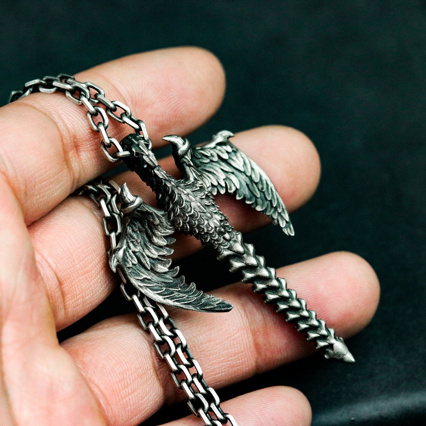 Dragon Spine Pendant with Bone Wings - 925 Sterling Silver Handmade