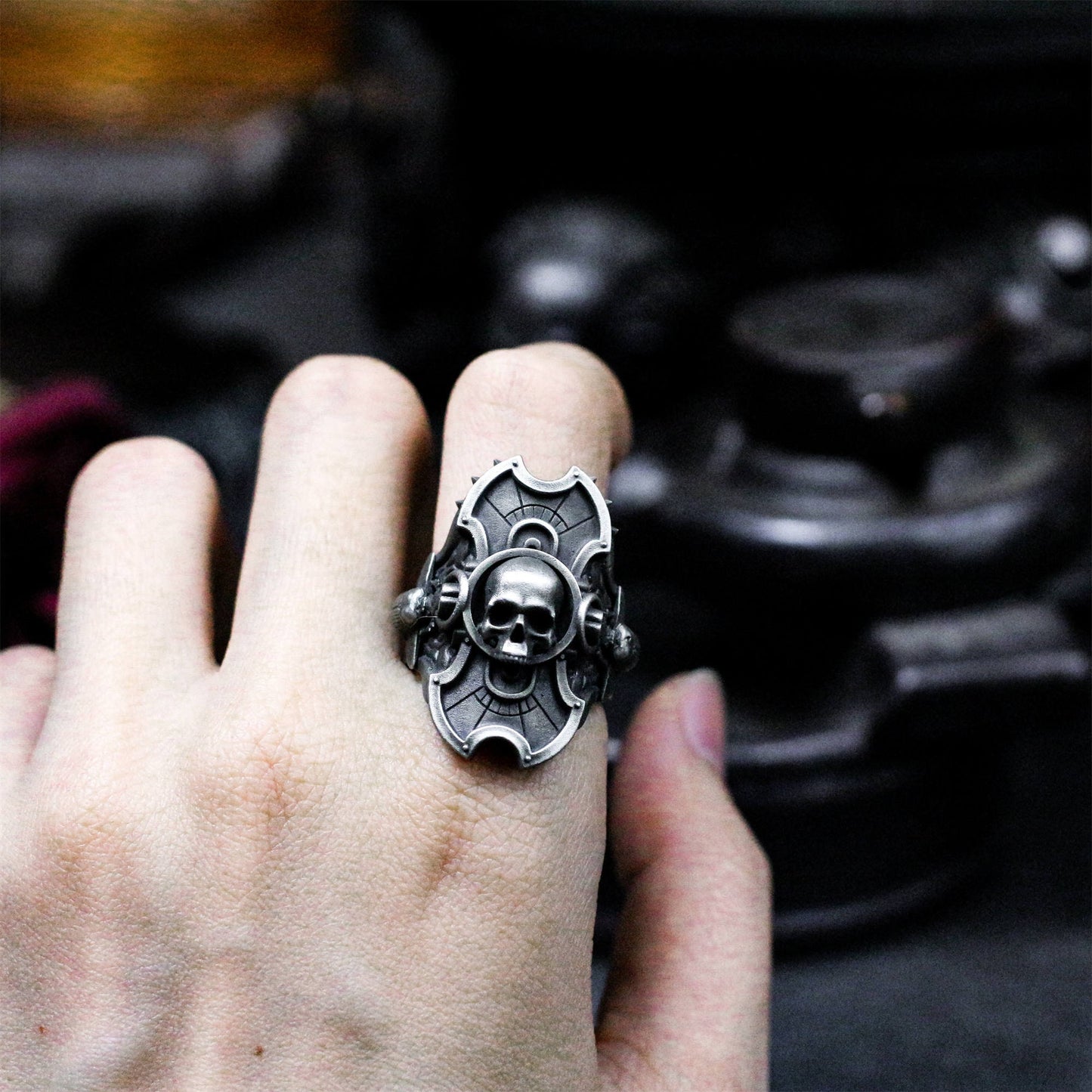Skull Shield Ring with Gothic Armor Design - 925 Sterling Silver Handmade