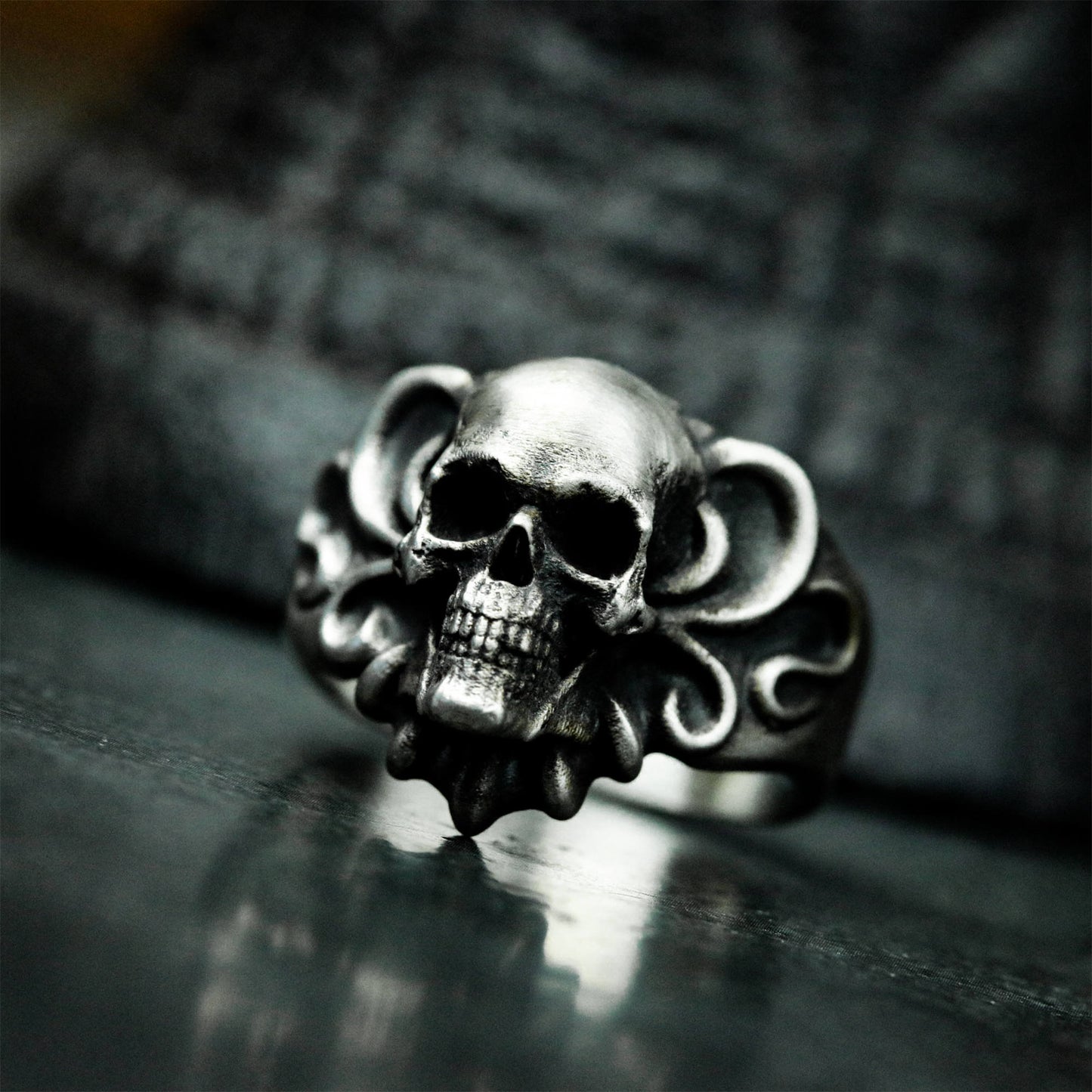 Ornate Skull Ring - 925 Sterling Silver Handmade Gothic