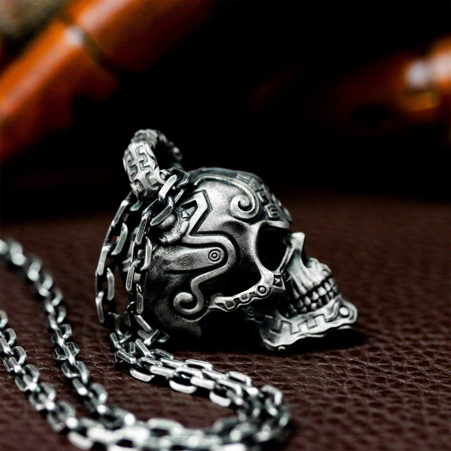 Patterned Skull Pendant with Tribal Engraving - 925 Sterling Silver Handmade