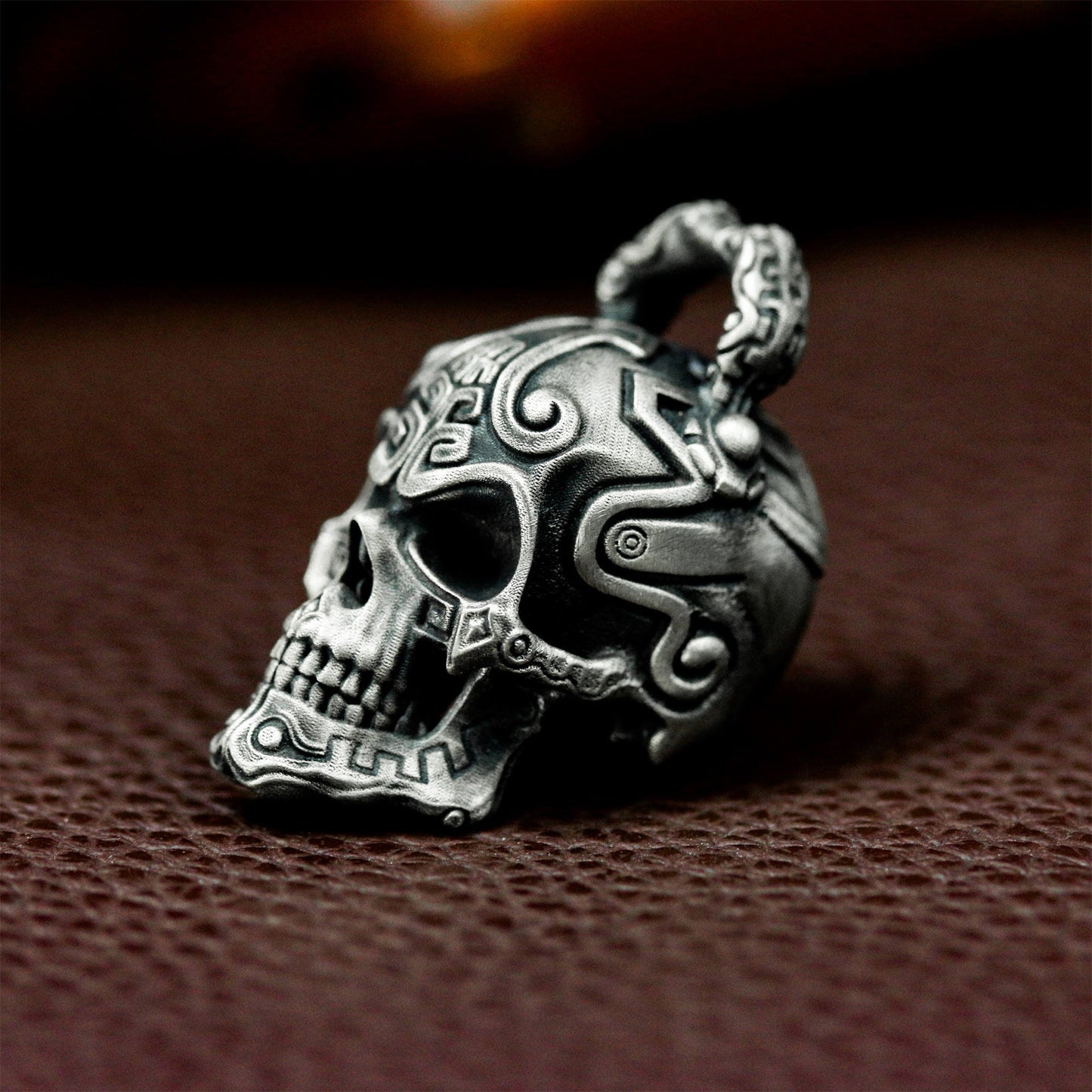 Patterned Skull Pendant with Tribal Engraving - 925 Sterling Silver Handmade