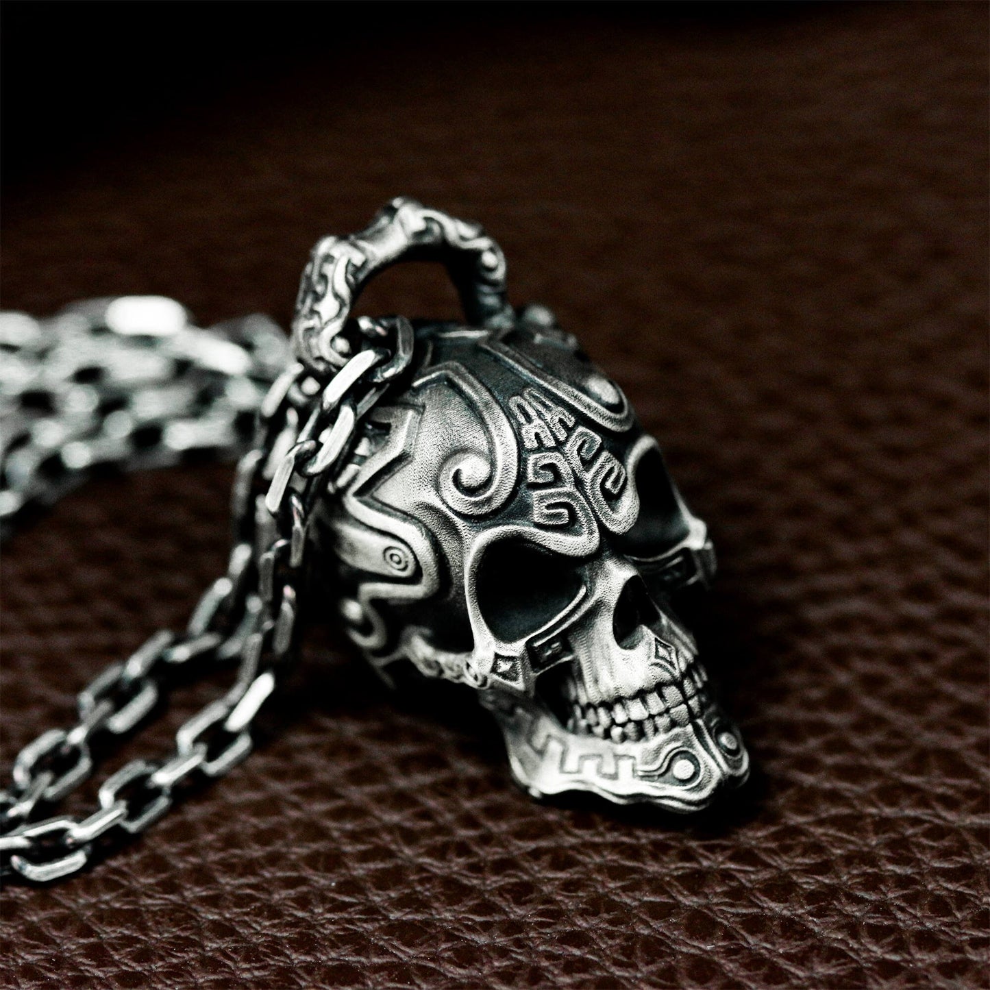 Patterned Skull Pendant with Tribal Engraving - 925 Sterling Silver Handmade