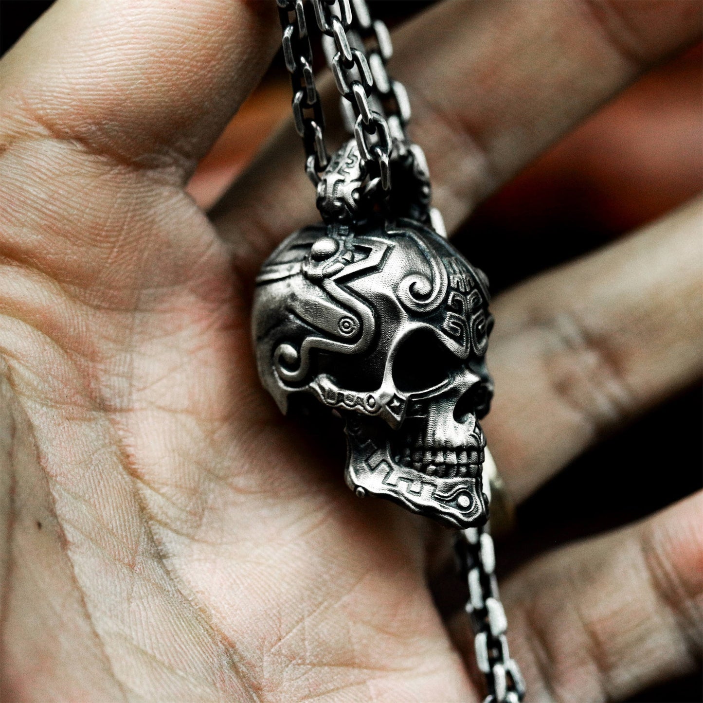 Patterned Skull Pendant with Tribal Engraving - 925 Sterling Silver Handmade