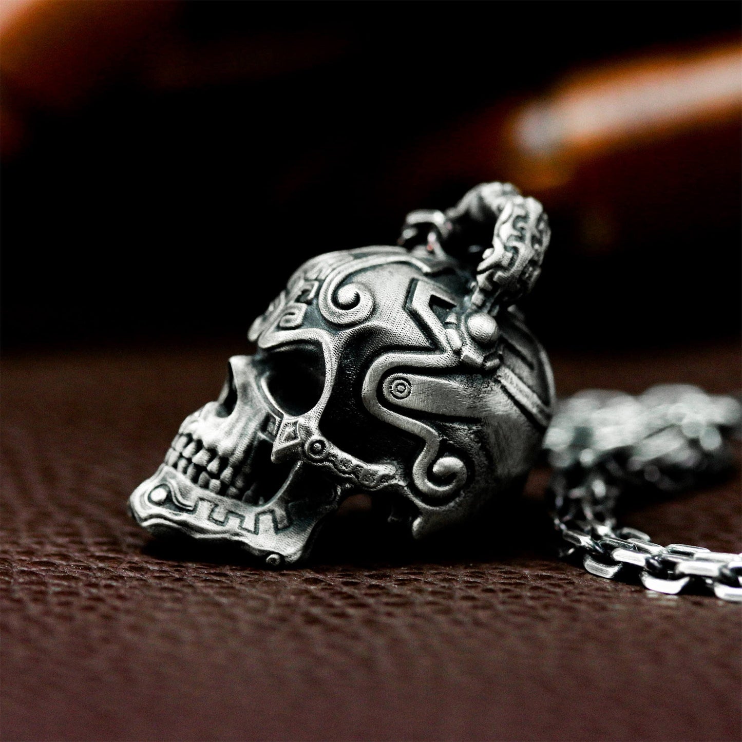 Patterned Skull Pendant with Tribal Engraving - 925 Sterling Silver Handmade