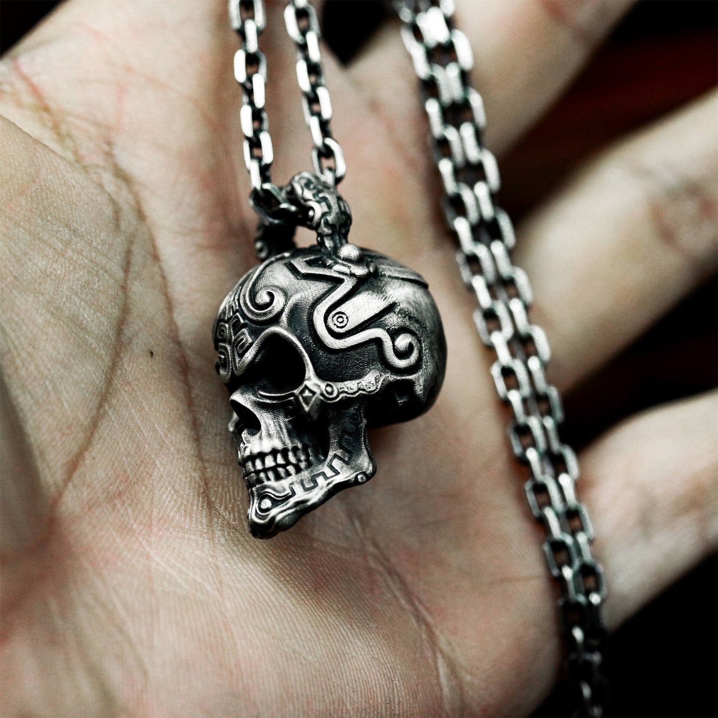 Patterned Skull Pendant with Tribal Engraving - 925 Sterling Silver Handmade
