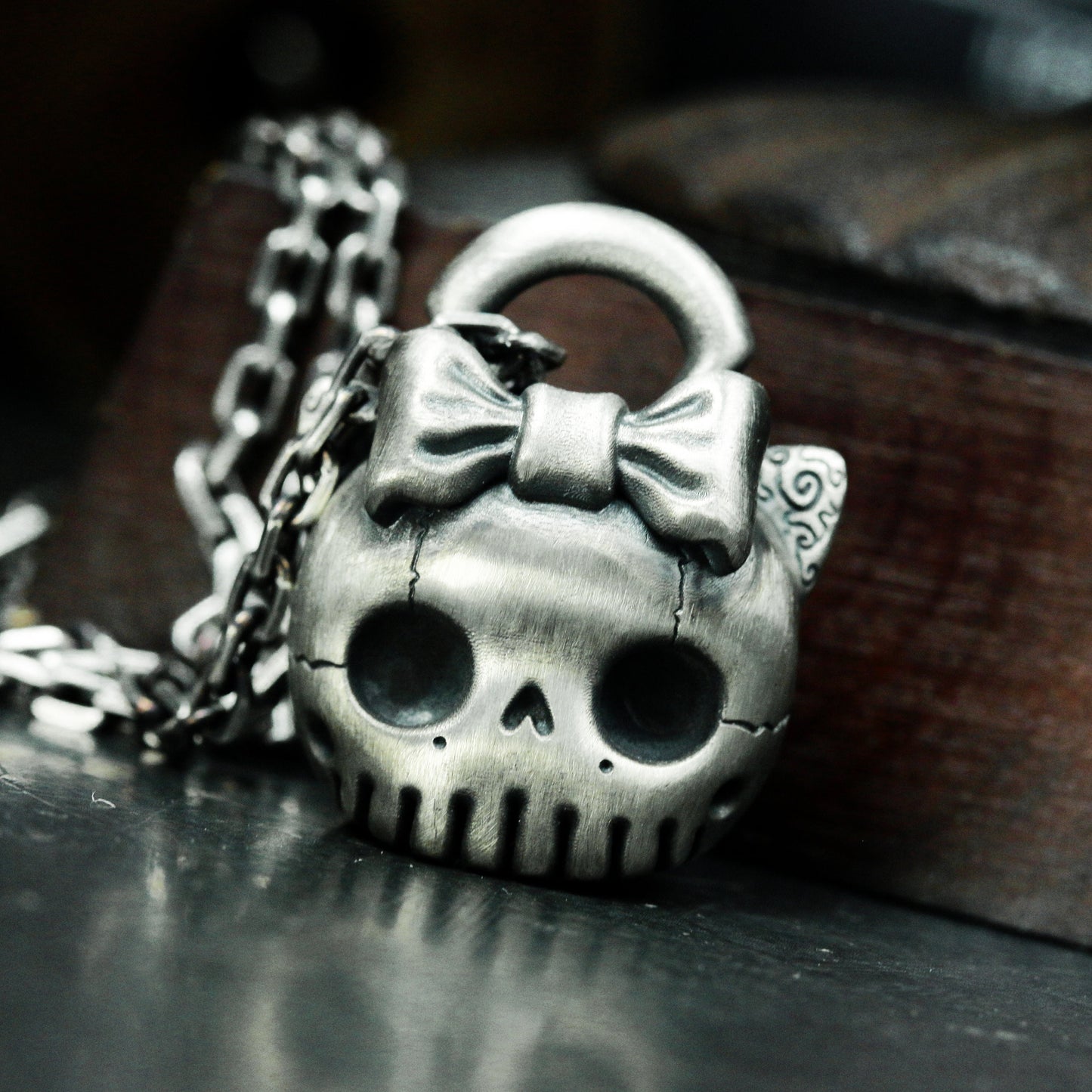 Cute Skull Cat Pendant - 925 Sterling Silver Handmade Gothic