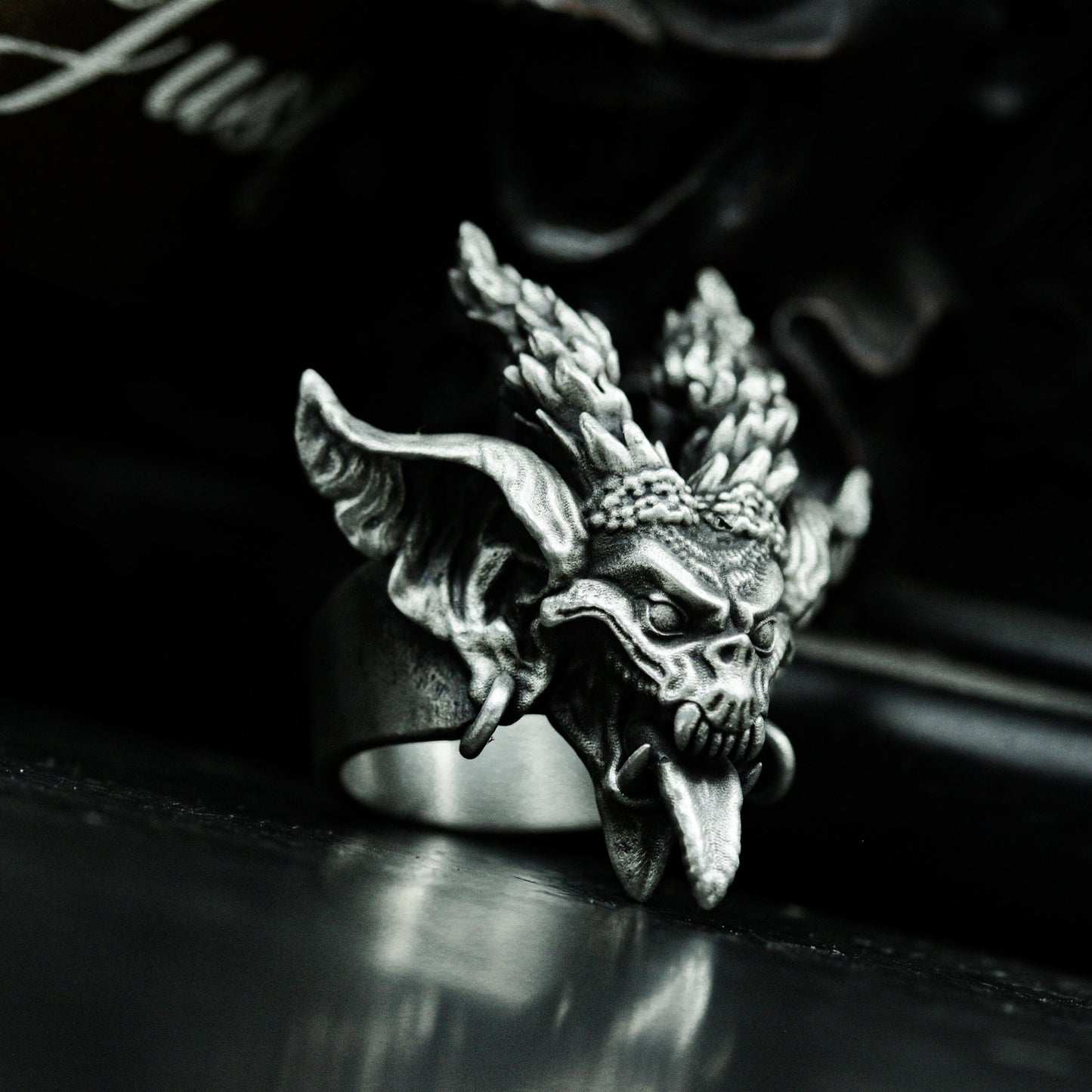 Demon Skull Ring with Dual Horns and Open Jaw ¨C 925 Sterling Silver Handmade