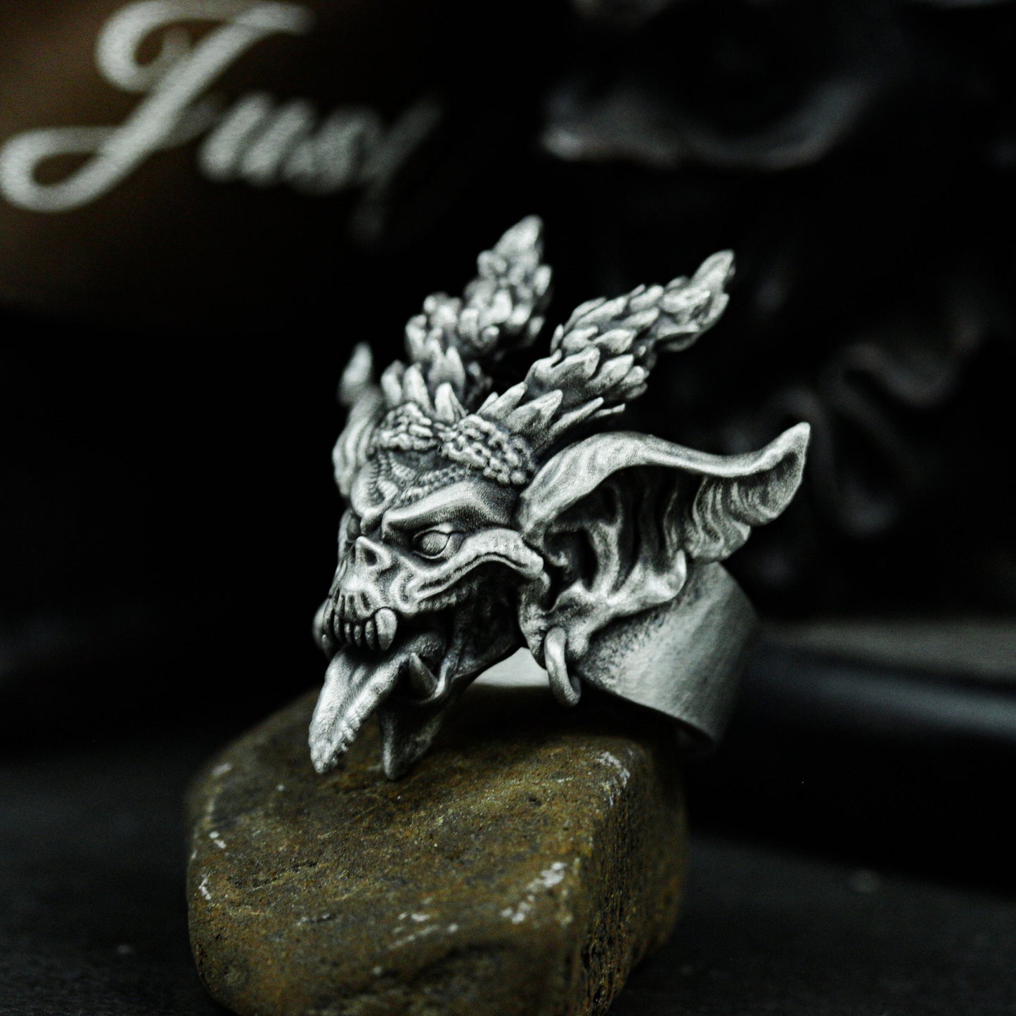 Demon Skull Ring with Dual Horns and Open Jaw ¨C 925 Sterling Silver Handmade