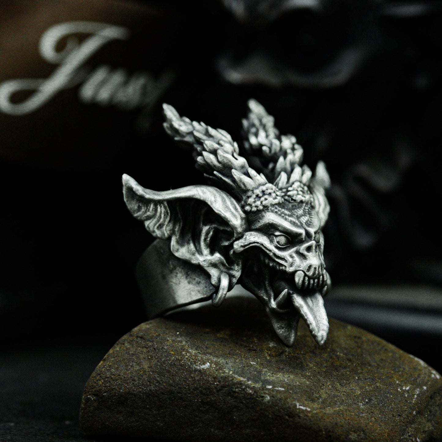 Demon Skull Ring with Dual Horns and Open Jaw ¨C 925 Sterling Silver Handmade