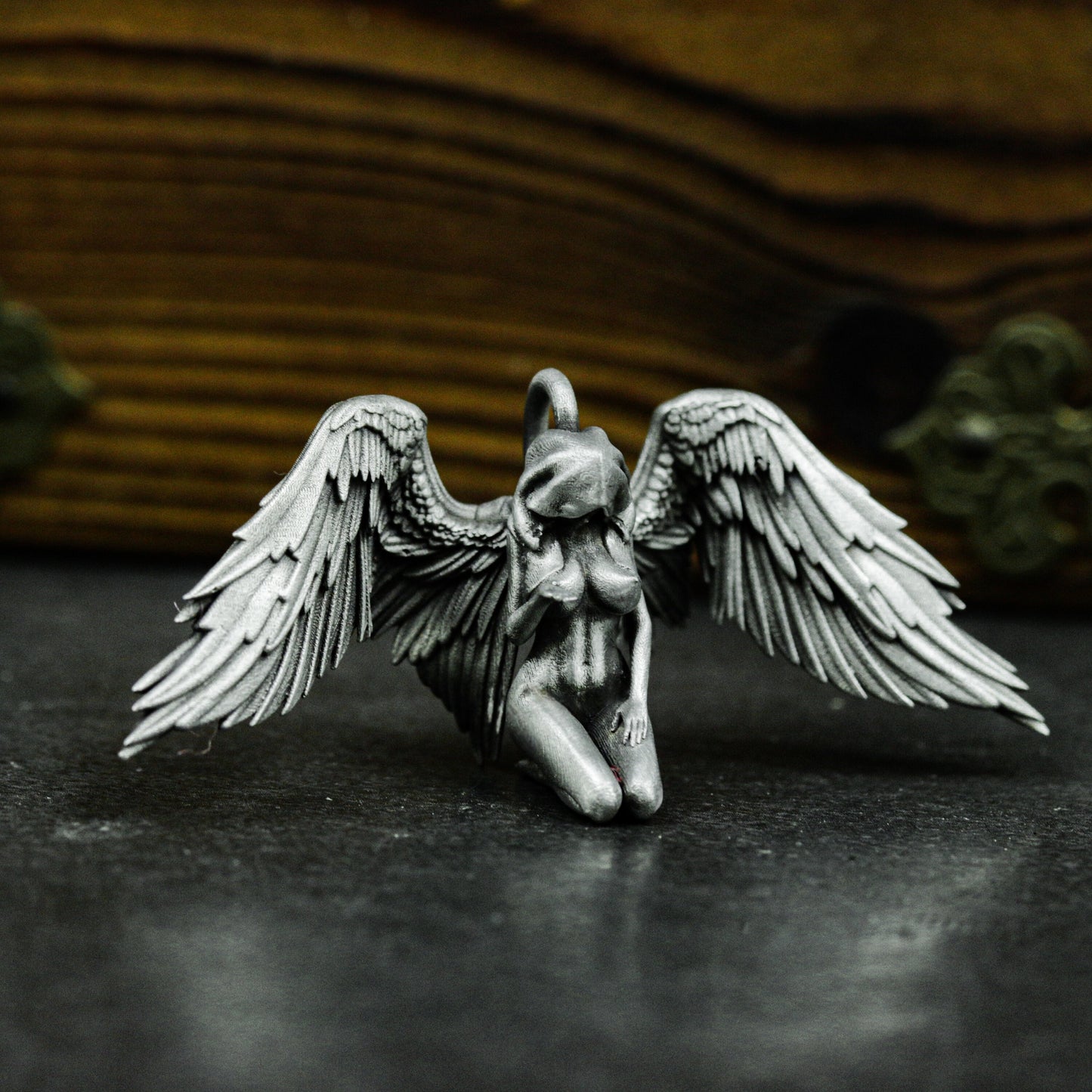 Kneeling Angel Pendant with Folded Wings - 925 Sterling Silver Handmade