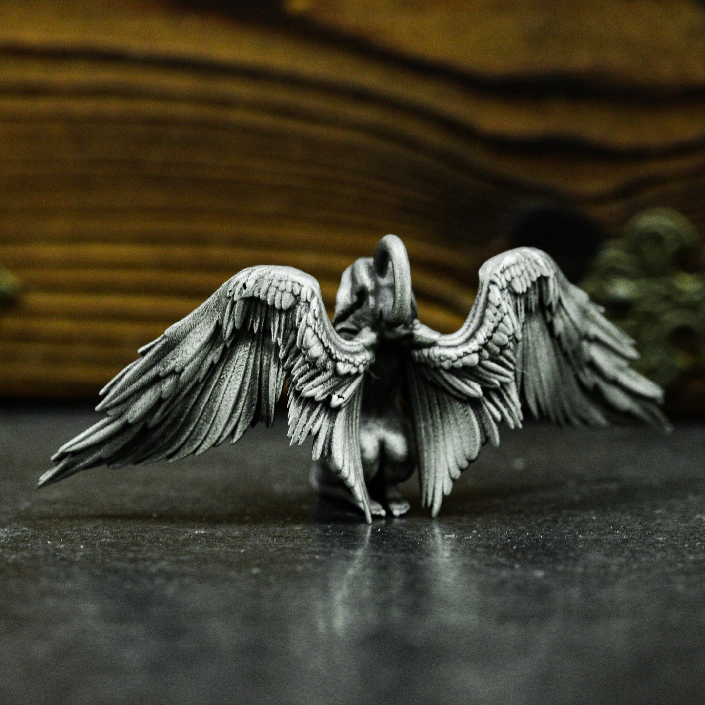 Kneeling Angel Pendant with Folded Wings - 925 Sterling Silver Handmade
