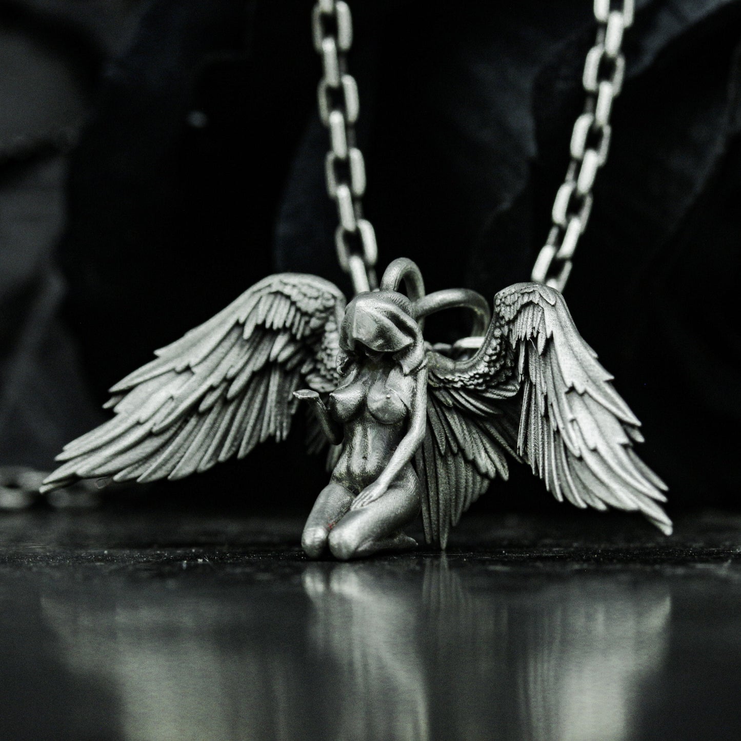 Kneeling Angel Pendant with Folded Wings - 925 Sterling Silver Handmade
