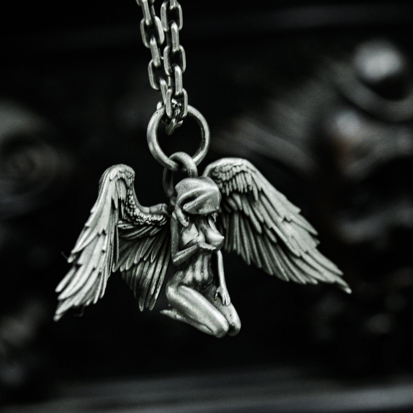 Kneeling Angel Pendant with Folded Wings - 925 Sterling Silver Handmade