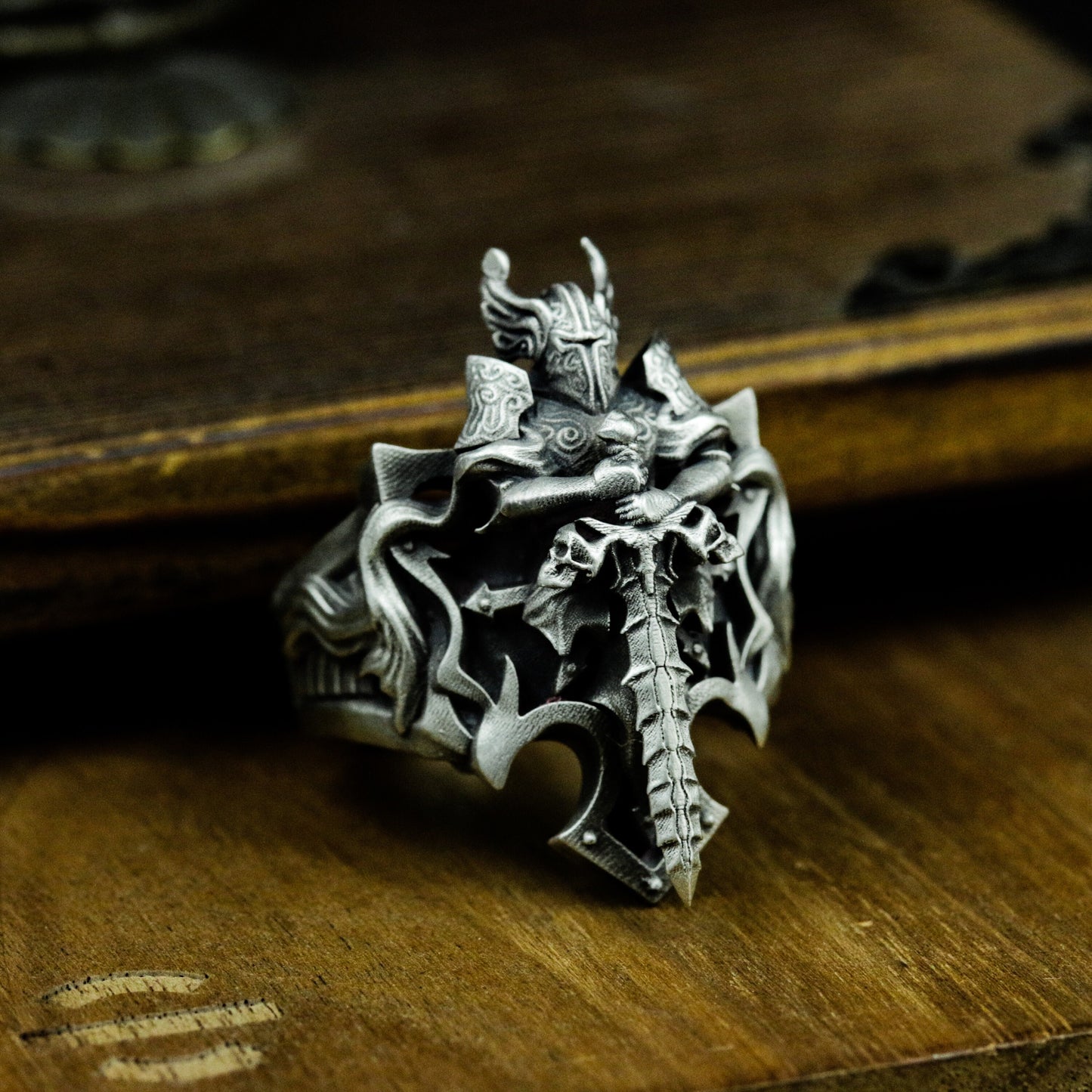 Horned Demon Sword Ring - 925 Sterling Silver Handmade