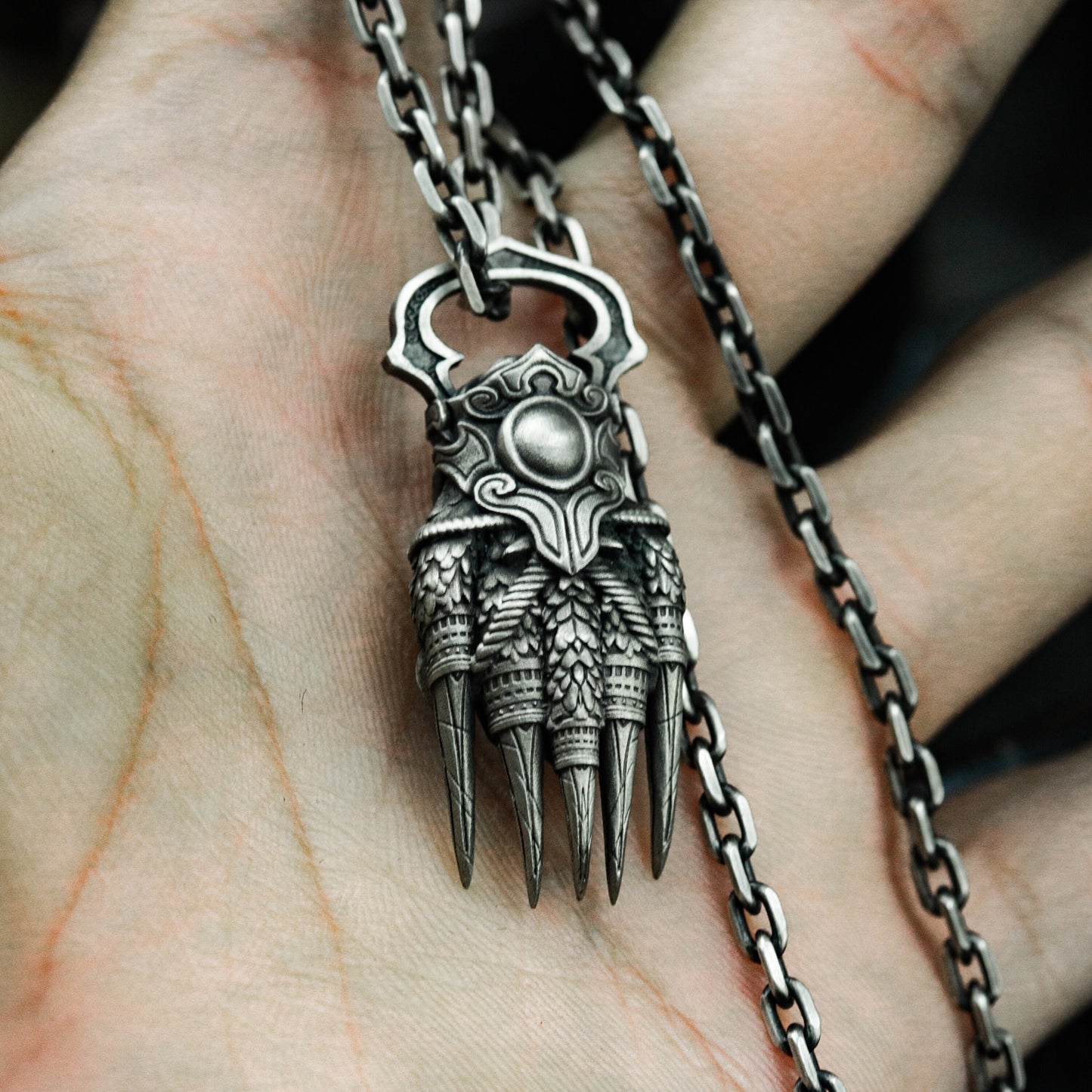 Engraved Paw Pendant with Patterned Claws - 925 Sterling Silver Handmade