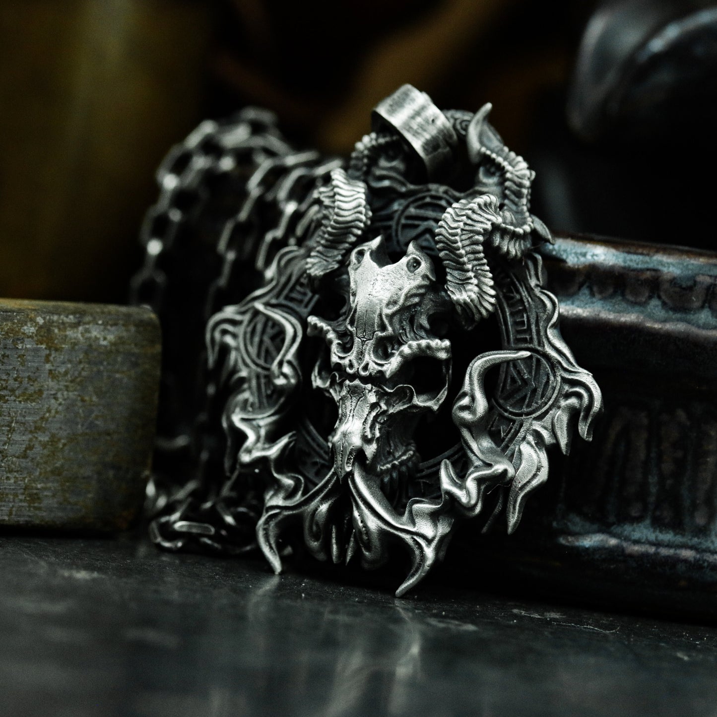 Beast Skull Pendant with Gothic Frame ¨C 925 Sterling Silver Handmade