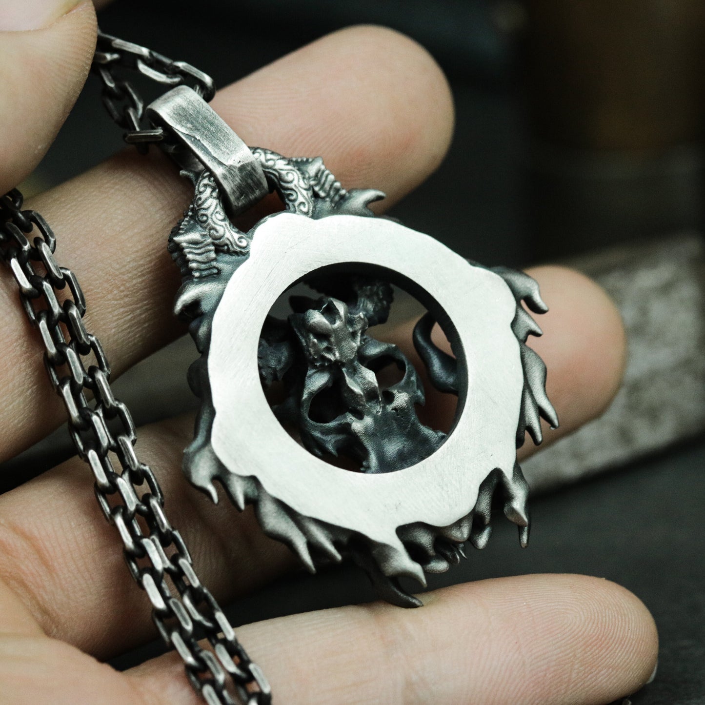Beast Skull Pendant with Gothic Frame ¨C 925 Sterling Silver Handmade