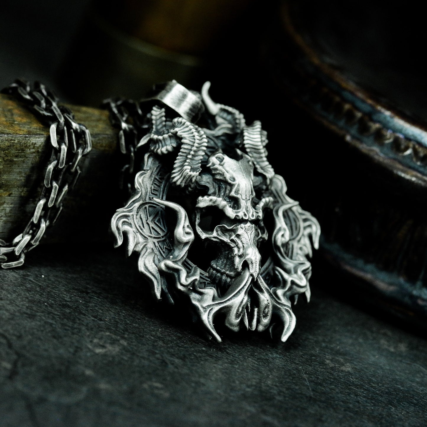 Beast Skull Pendant with Gothic Frame ¨C 925 Sterling Silver Handmade
