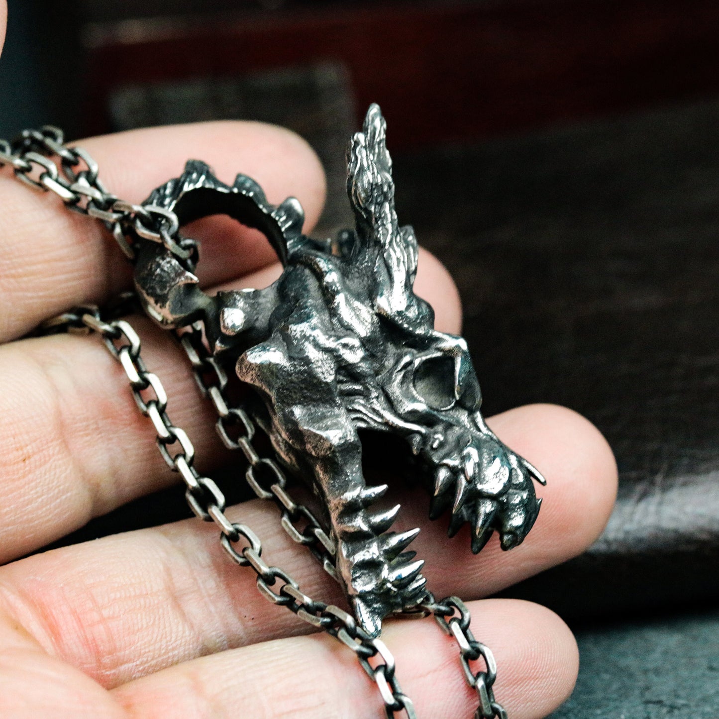 Dragon Skull Pendant - 925 Silver Handmade Fantasy Beast
