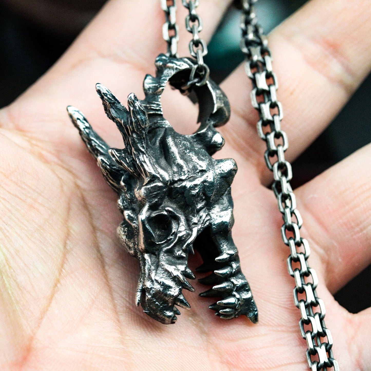 Dragon Skull Pendant - 925 Silver Handmade Fantasy Beast