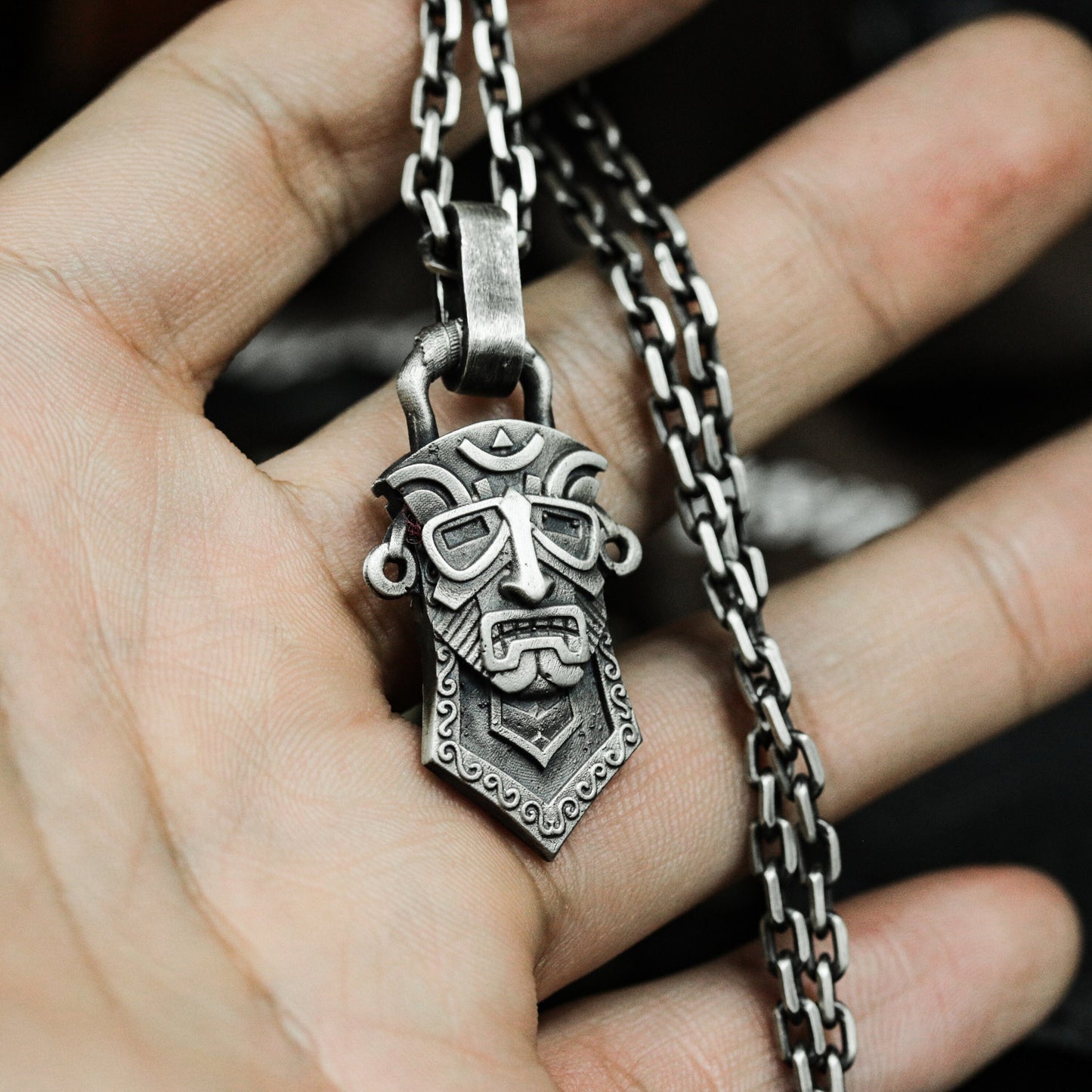 Tribal Mask Pendant ¨C Handmade 925 Silver Ancient Totem Necklace