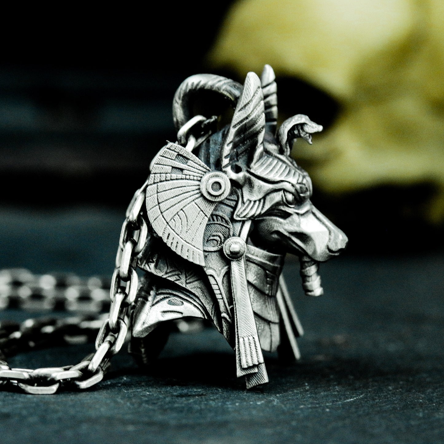 Anubis Jackal Pendant with Tribal-Tech Armor - 925 Sterling Silver Handmade