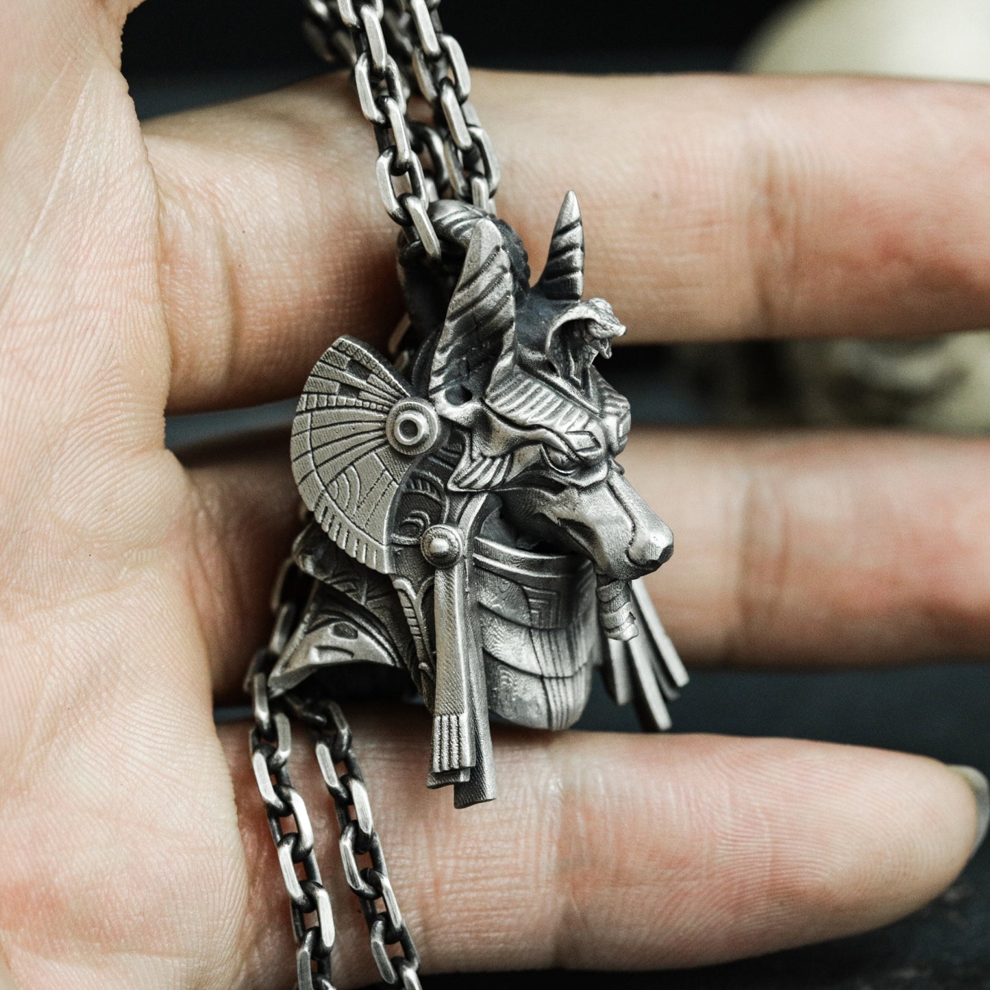 Anubis Jackal Pendant with Tribal-Tech Armor - 925 Sterling Silver Handmade
