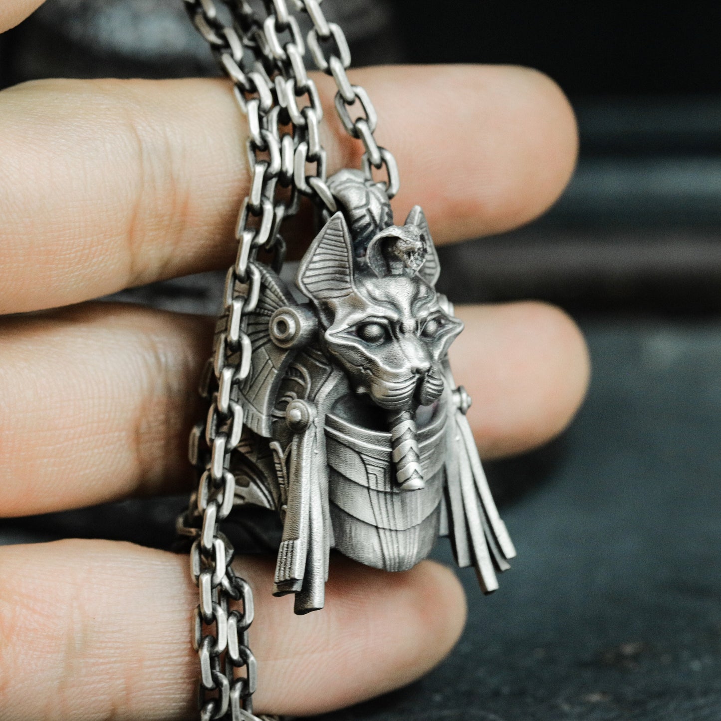 Bastet Warrior Pendant with Futuristic Armor - 925 Sterling Silver Handmade